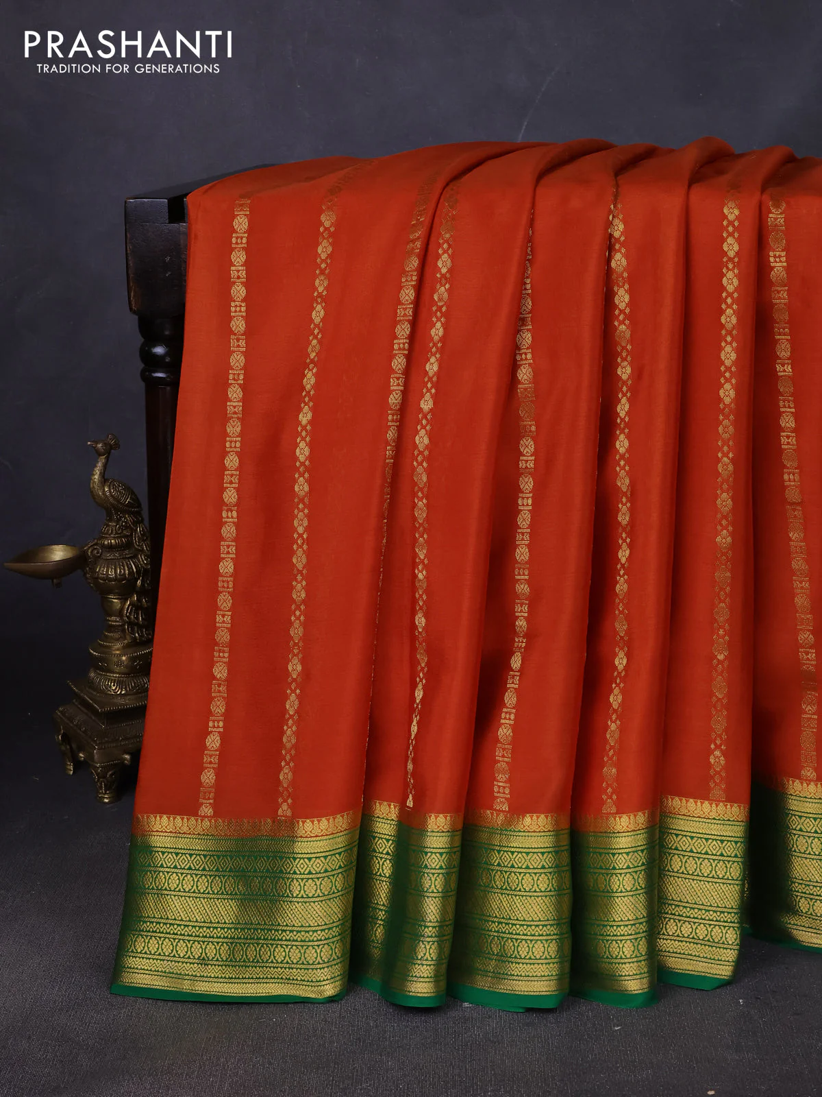 Pure mysore silk saree rust shade and green with allover zari stripes pattern and zari woven border - Image 5