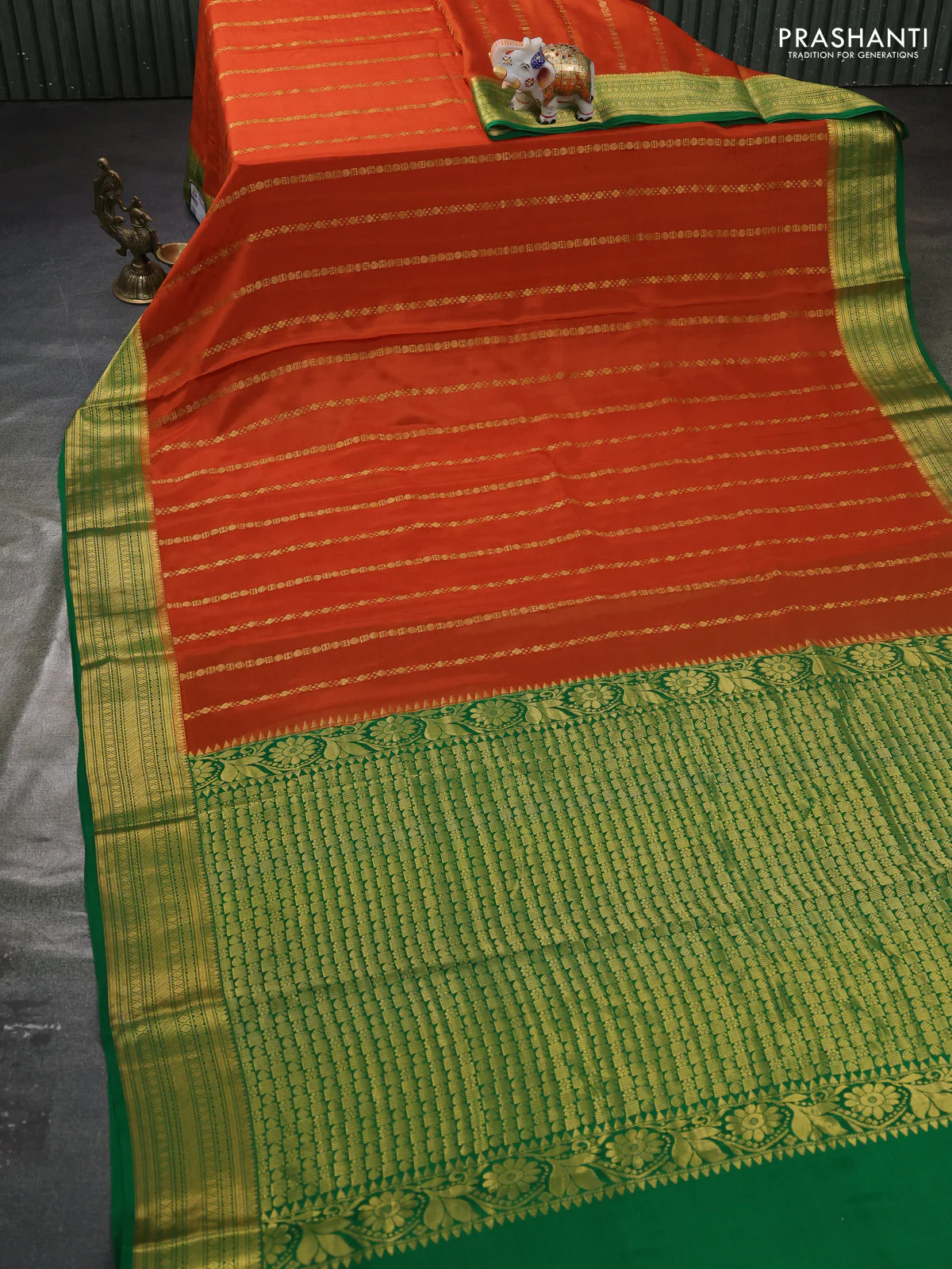 Pure mysore silk saree rust shade and green with allover zari stripes pattern and zari woven border - Image 6