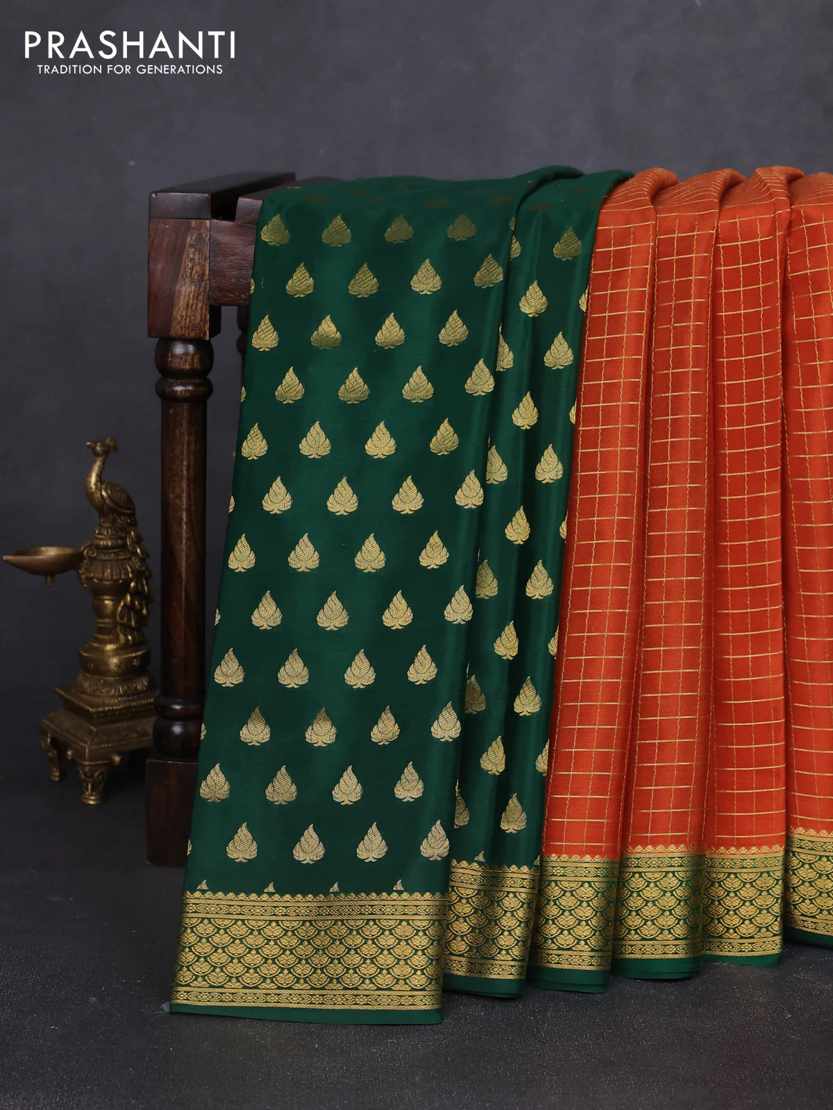 Pure mysore silk saree rust shade and green with allover zari woven checked pattern and zari woven border