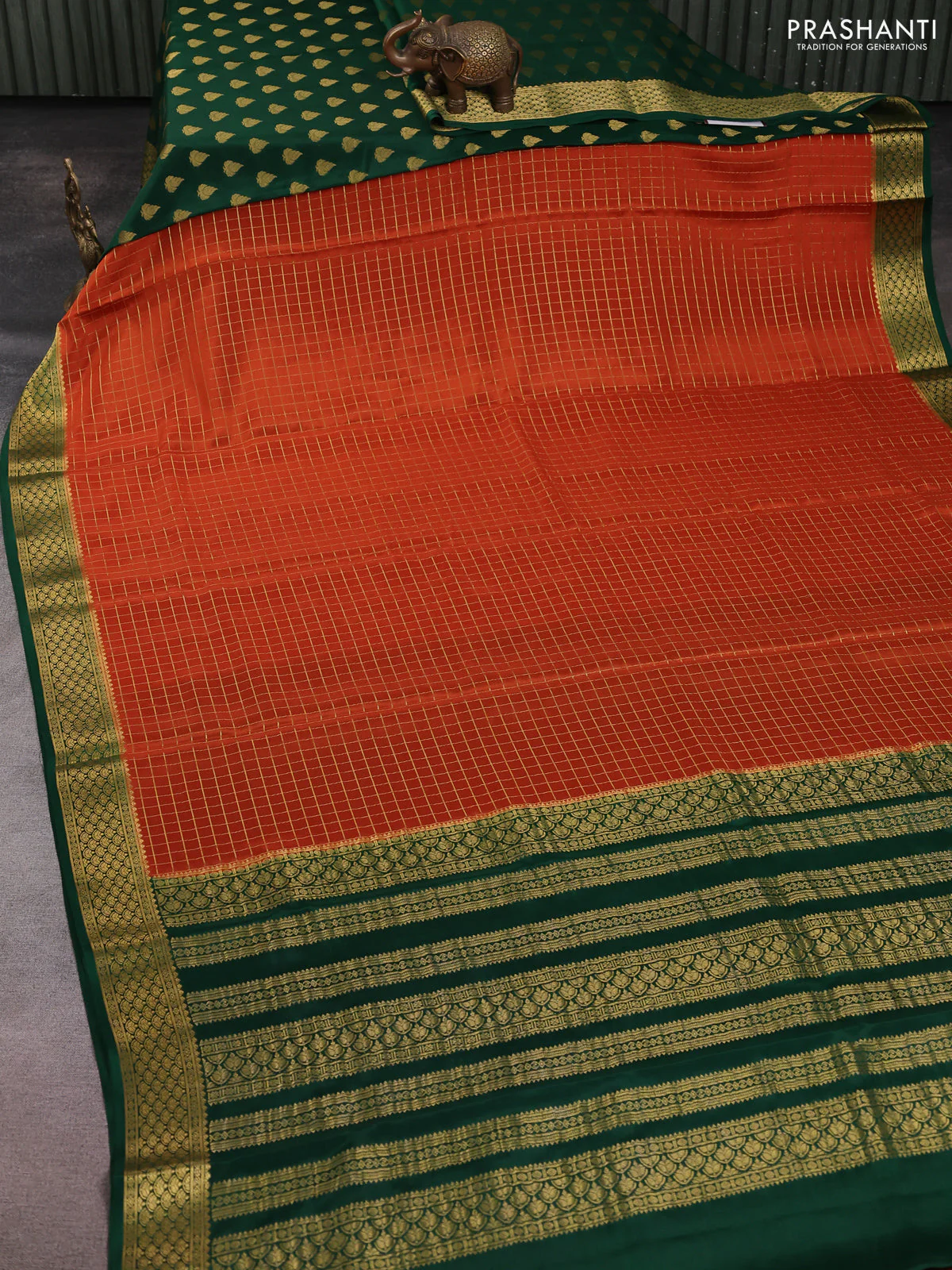 Pure mysore silk saree rust shade and green with allover zari woven checked pattern and zari woven border - Image 2
