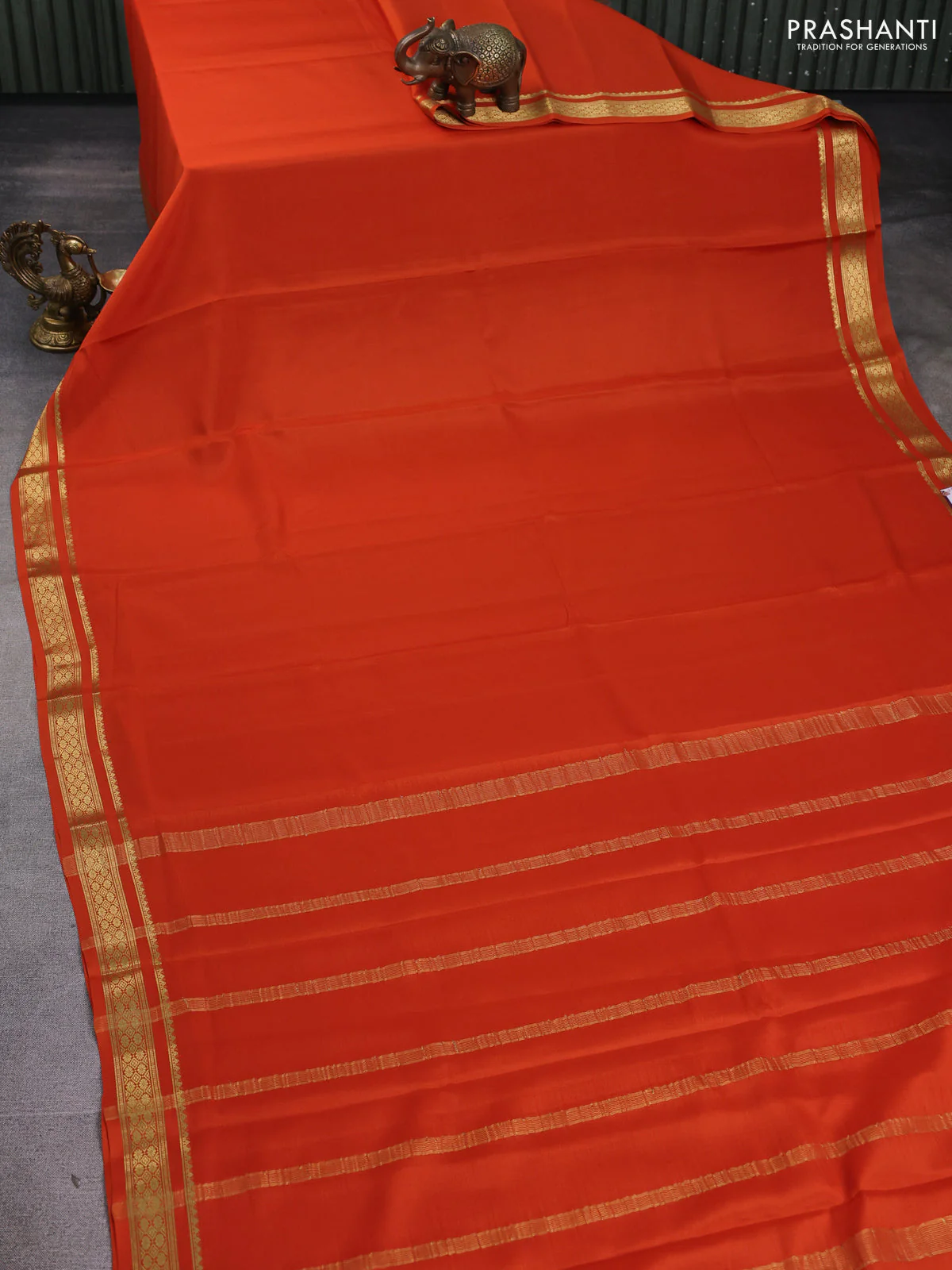Pure mysore silk saree rust shade with plain body and zari woven border - Image 2