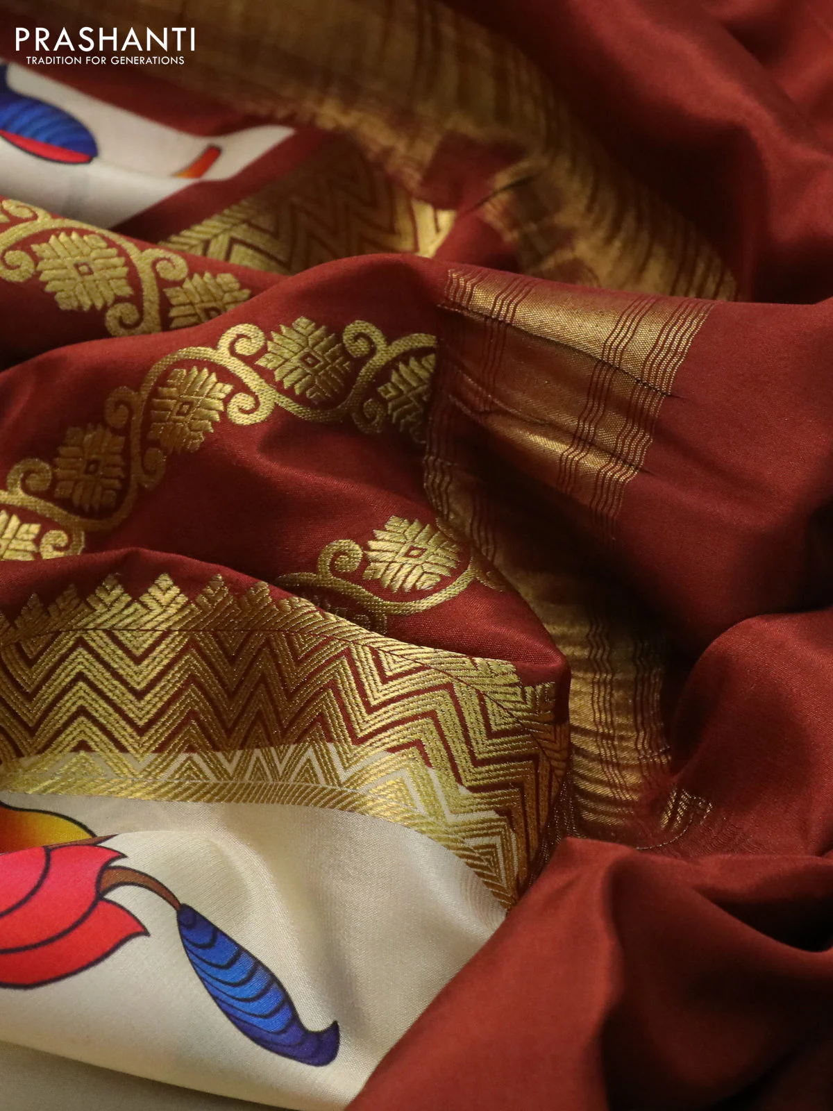 Pure mysore silk saree rustic brown and sandal with zari stripe weaves and long kalamkari digital printed border - Image 3