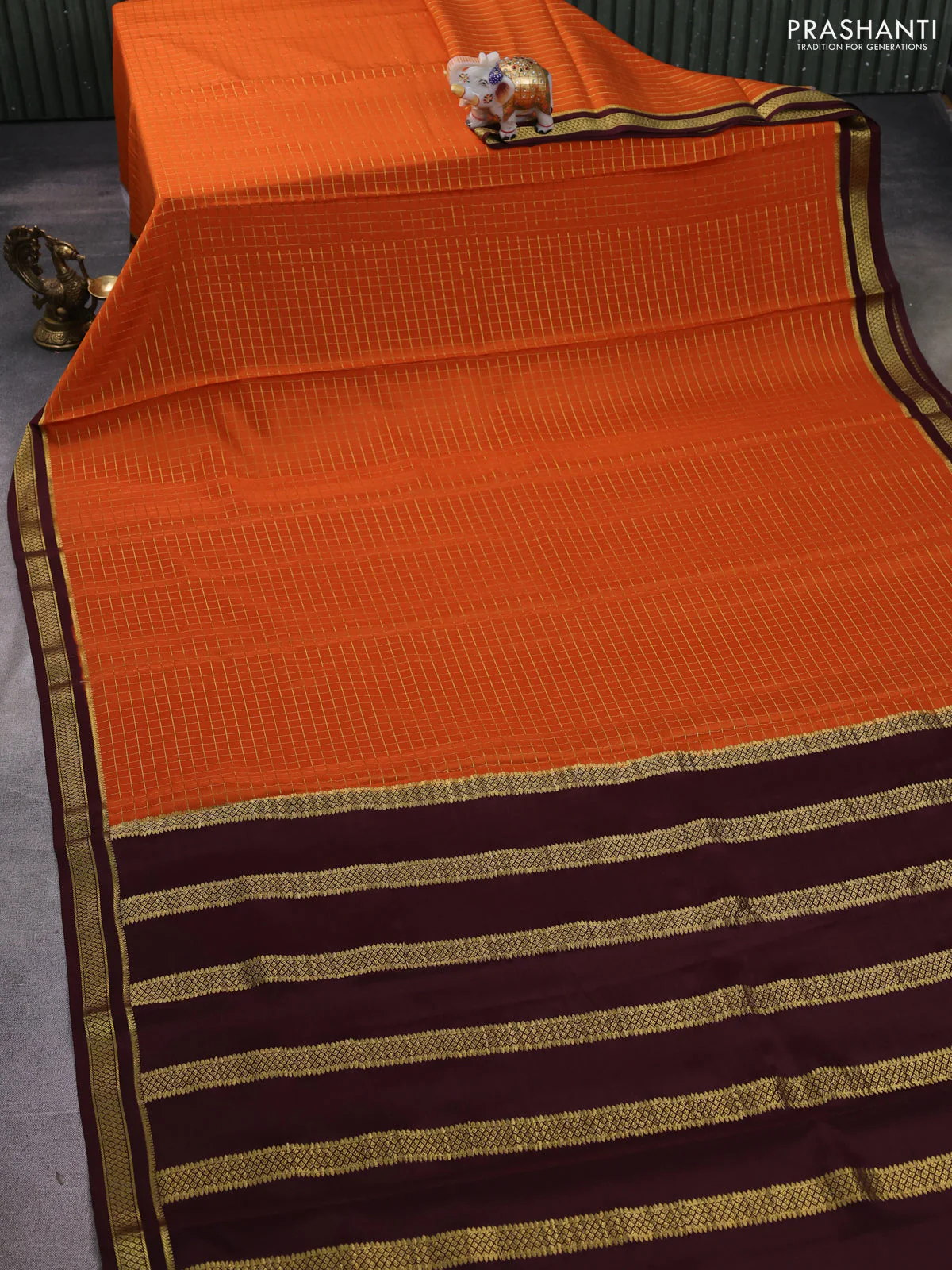 Pure mysore silk saree rustic orange and coffee brown with allover zari woven checked pattern and zari woven border - Image 2