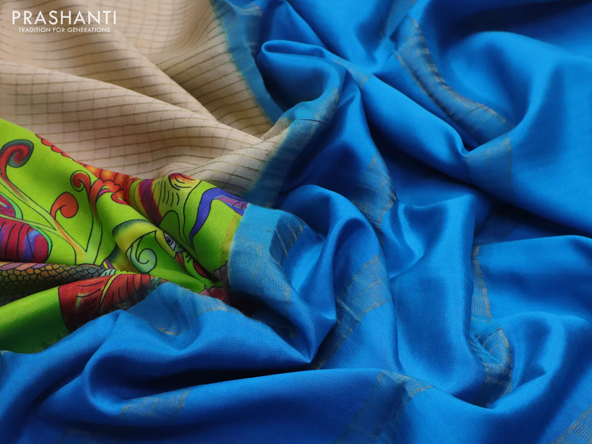 Pure mysore silk saree sandal and light green cs blue with allover zari checked pattern and long kalamkari printed zari border - Image 3
