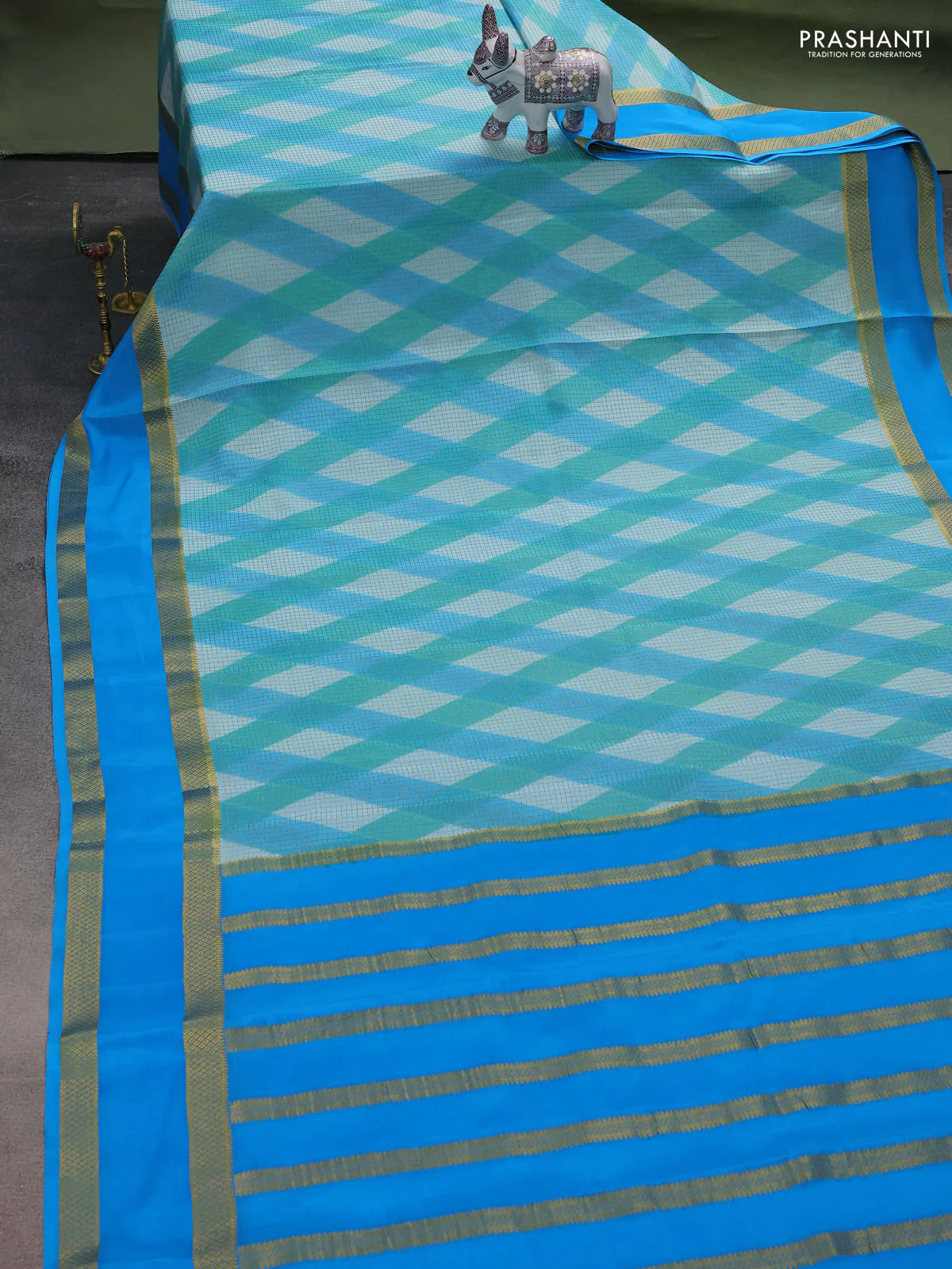 Pure mysore silk saree teal and cs blue shade with allover checks & geometric prints and rettapet zari woven border - Image 2