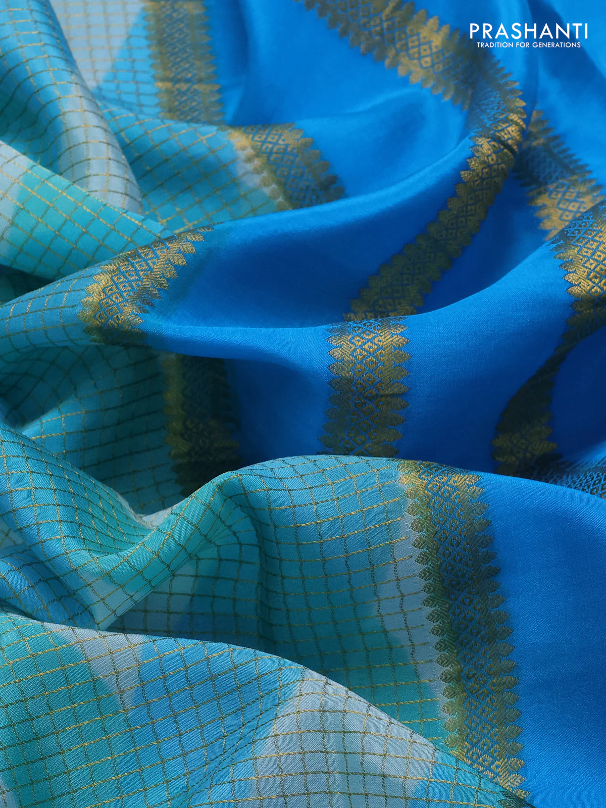 Pure mysore silk saree teal and cs blue shade with allover checks & geometric prints and rettapet zari woven border - Image 3