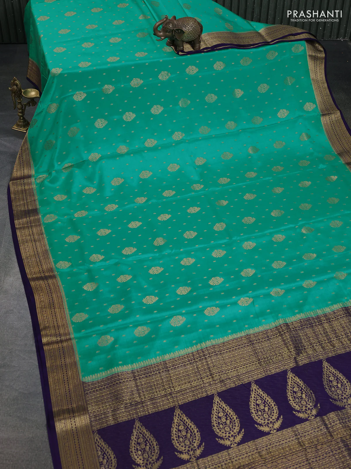 Pure mysore silk saree teal blue and blue with zari woven buttas and zari woven border - Image 2