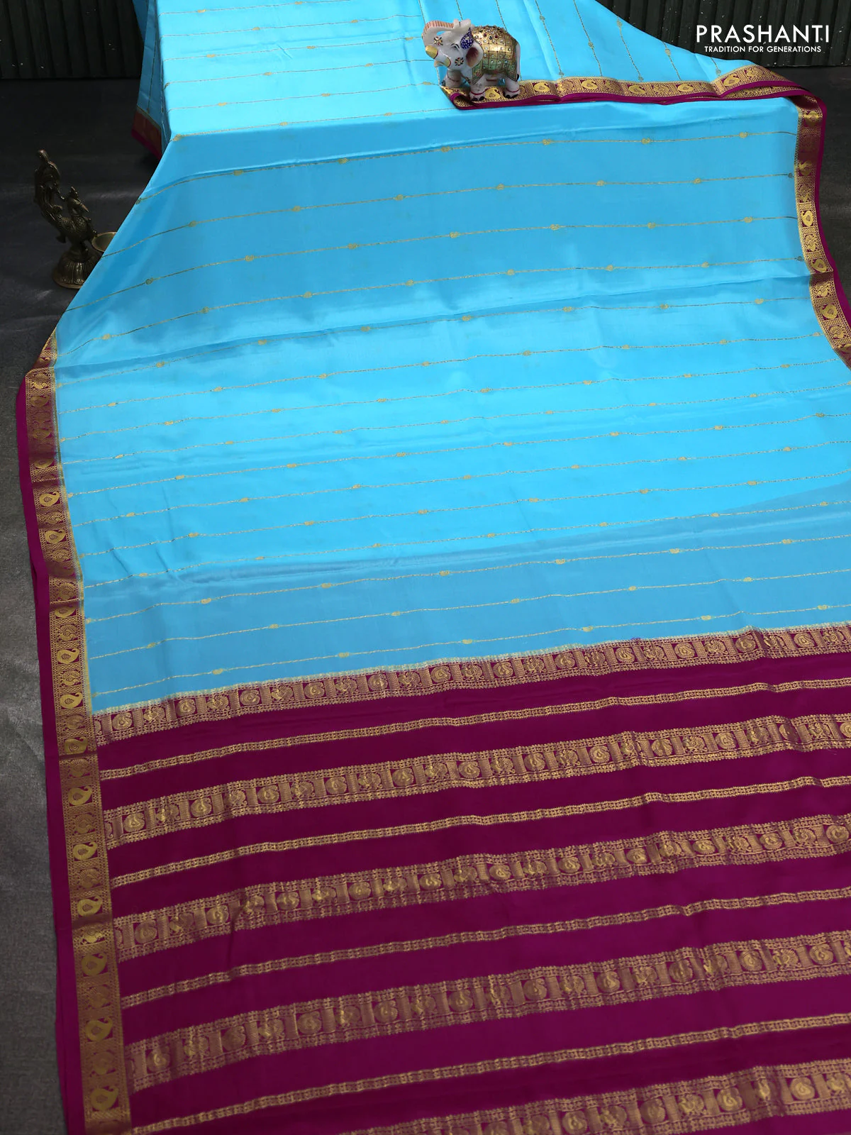 Pure mysore silk saree teal blue and dark pink with allover zari stripes pattern & buttas and zari woven border - Image 2
