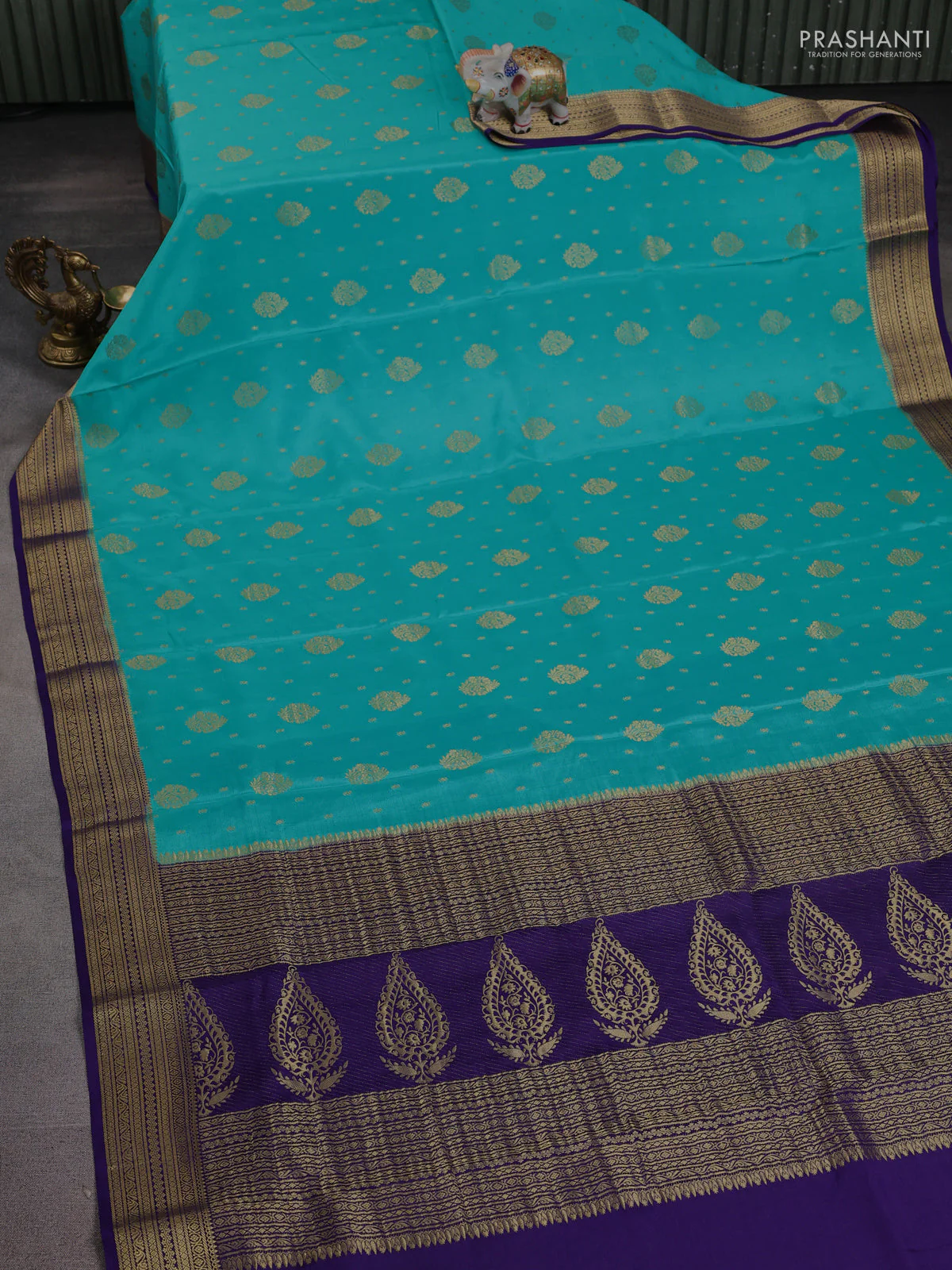 Pure mysore silk saree teal blue and navy blue with allover zari woven buttas and zari woven border - Image 2