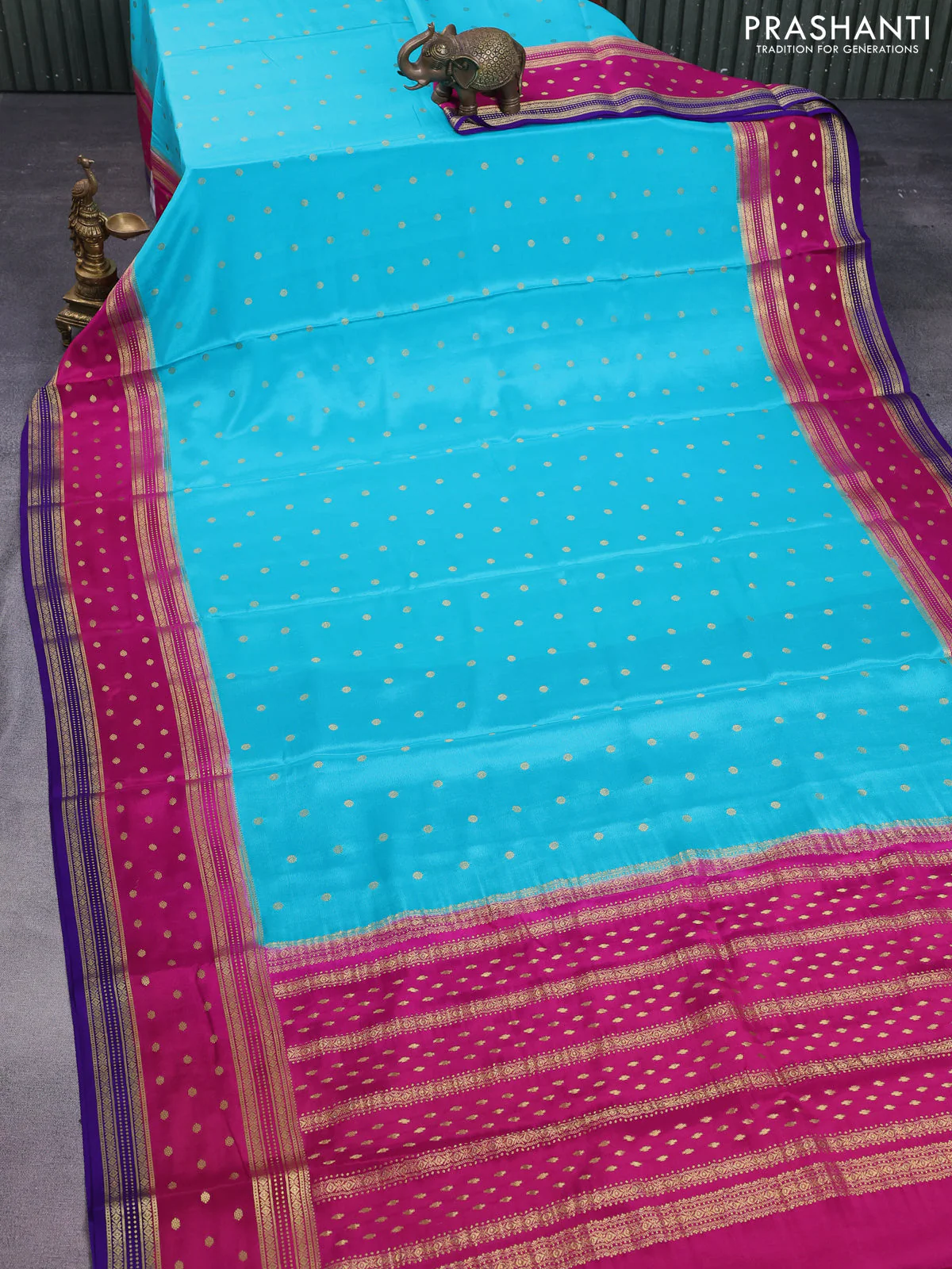 Pure mysore silk saree teal blue and pink blue with zari woven buttas and long zari woven border - Image 2