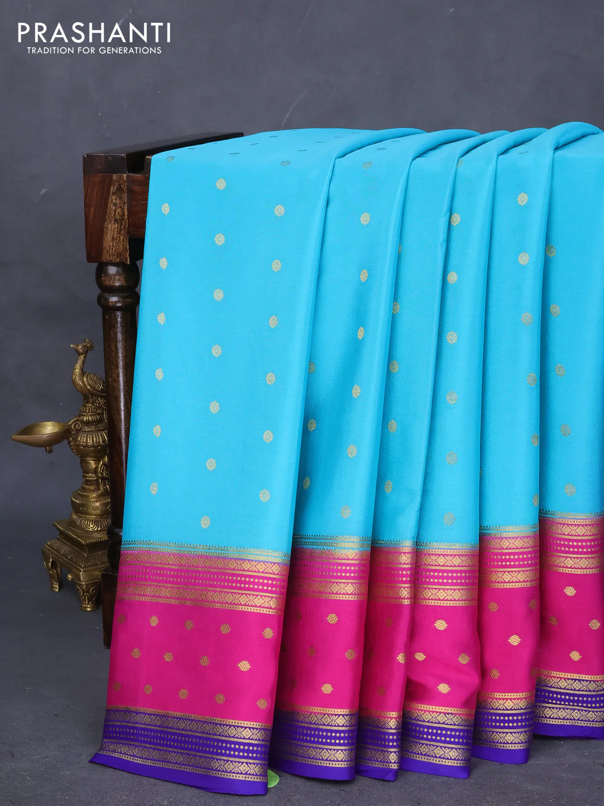 Pure mysore silk saree teal blue and pink blue with zari woven buttas and rich zari woven border