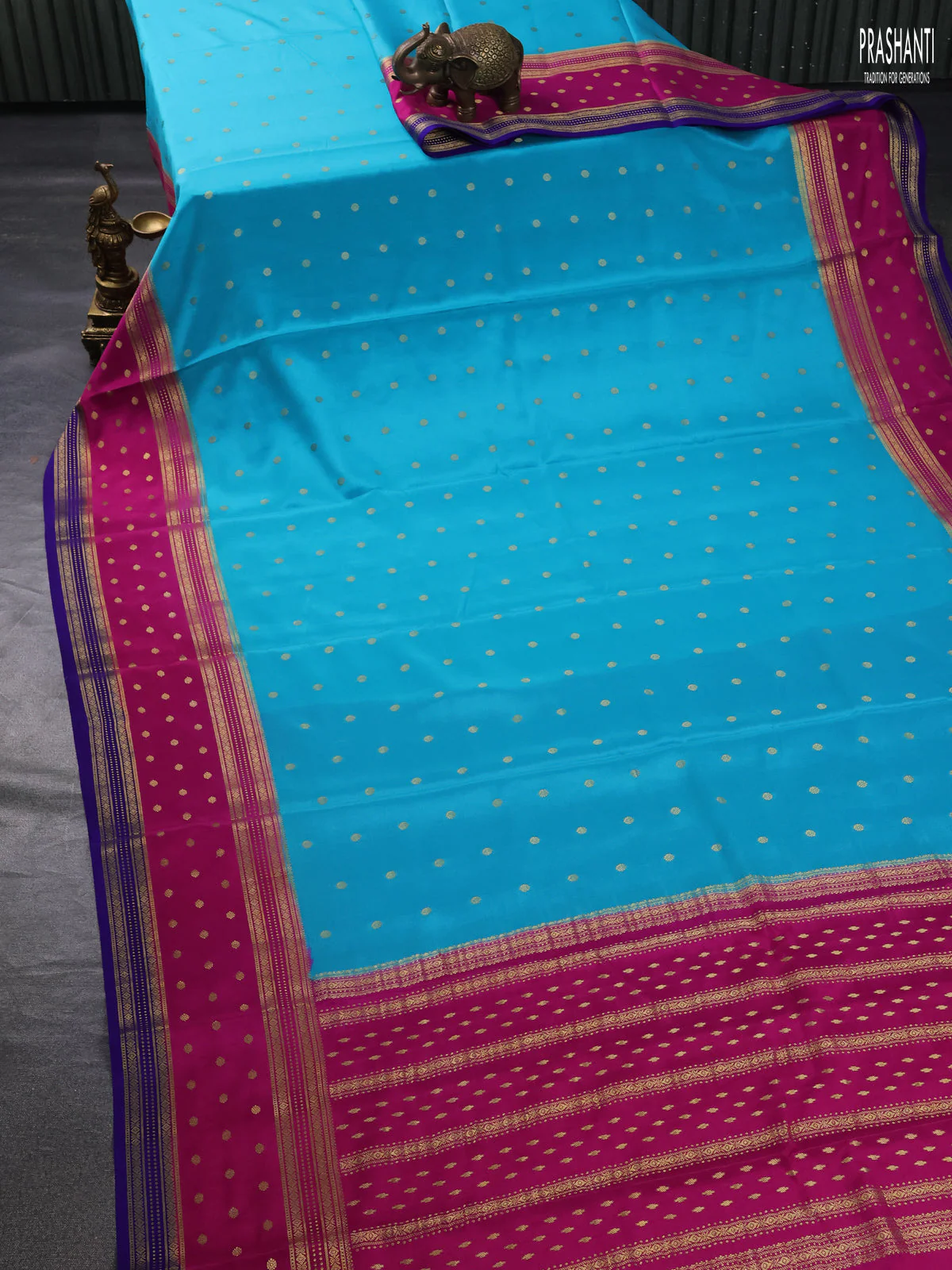 Pure mysore silk saree teal blue and pink blue with zari woven buttas and rich zari woven border - Image 2