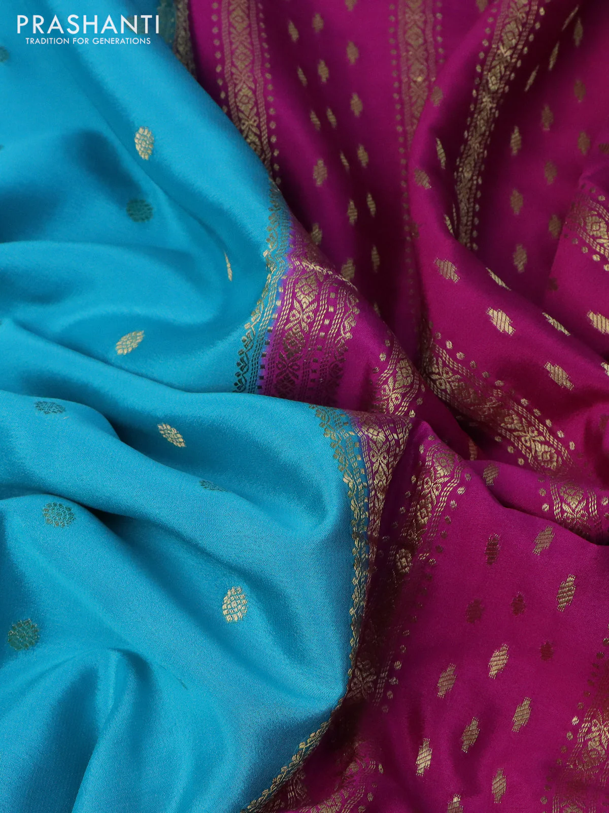 Pure mysore silk saree teal blue and pink blue with zari woven buttas and rich zari woven border - Image 3