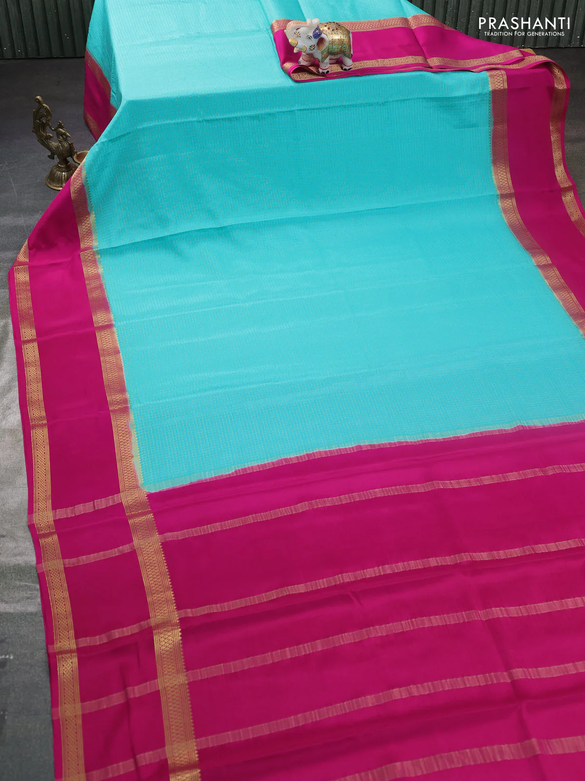 Pure mysore silk saree teal blue and pink with allover zari woven checked pattern and rettapet zari woven border - Image 2