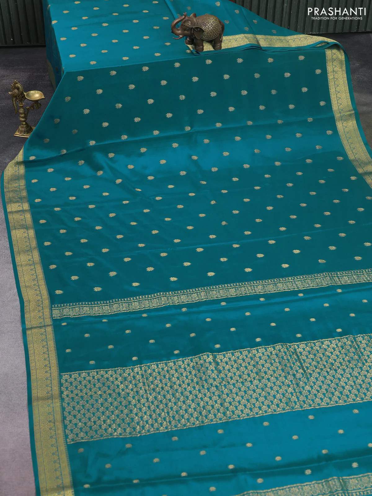 Pure mysore silk saree teal blue with allover zari woven buttas and zari woven border - Image 2