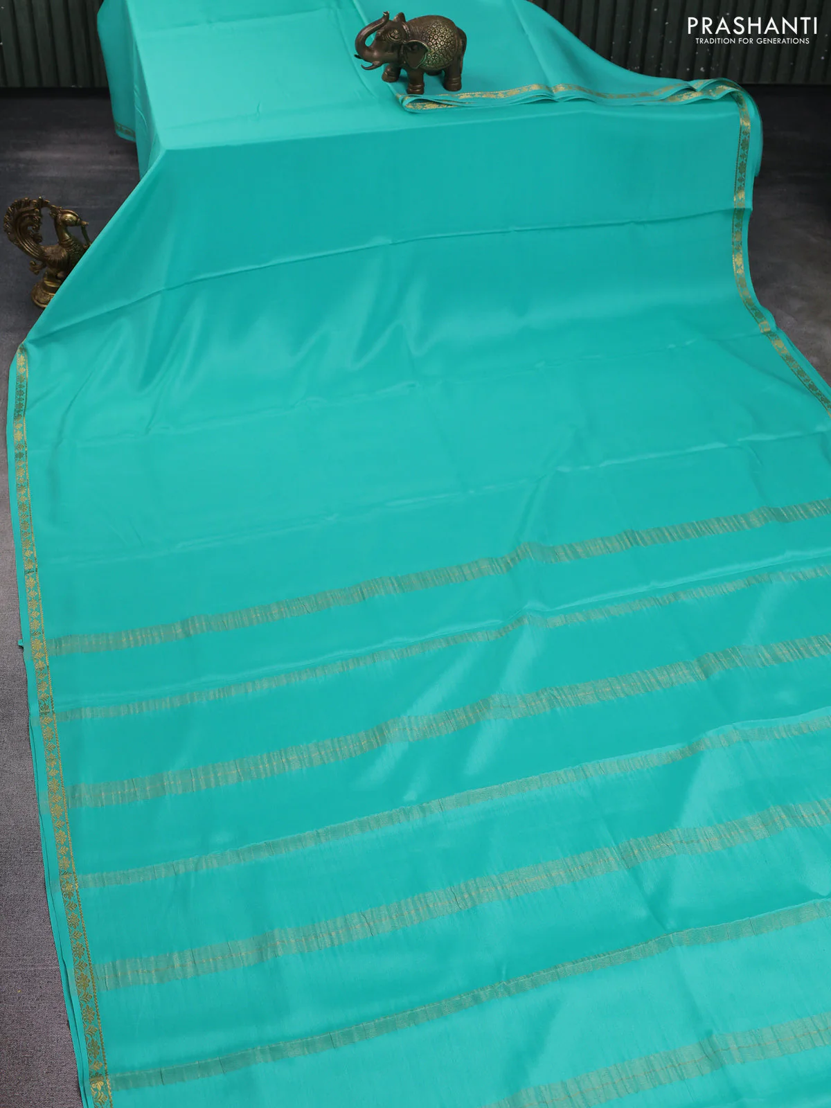 Pure mysore silk saree teal blue with plain body and small zari woven border - Image 2