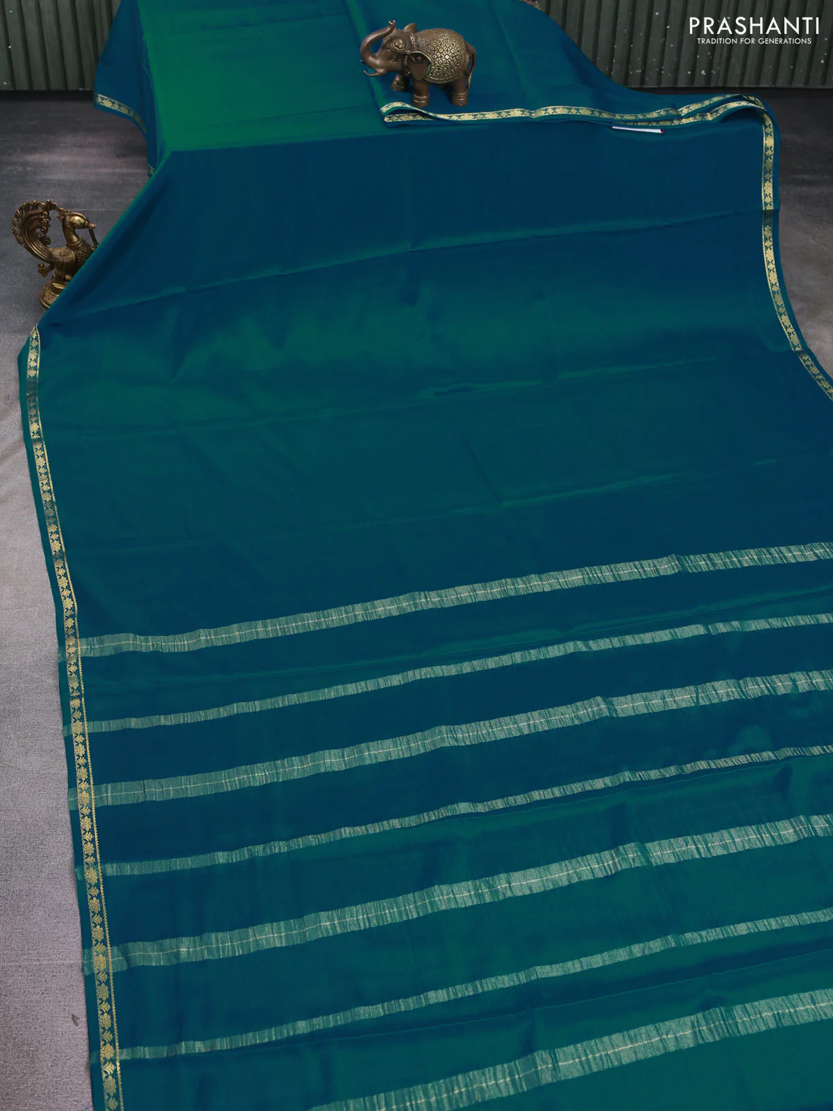 Pure mysore silk saree teal blue with plain body and small zari woven border - Image 2