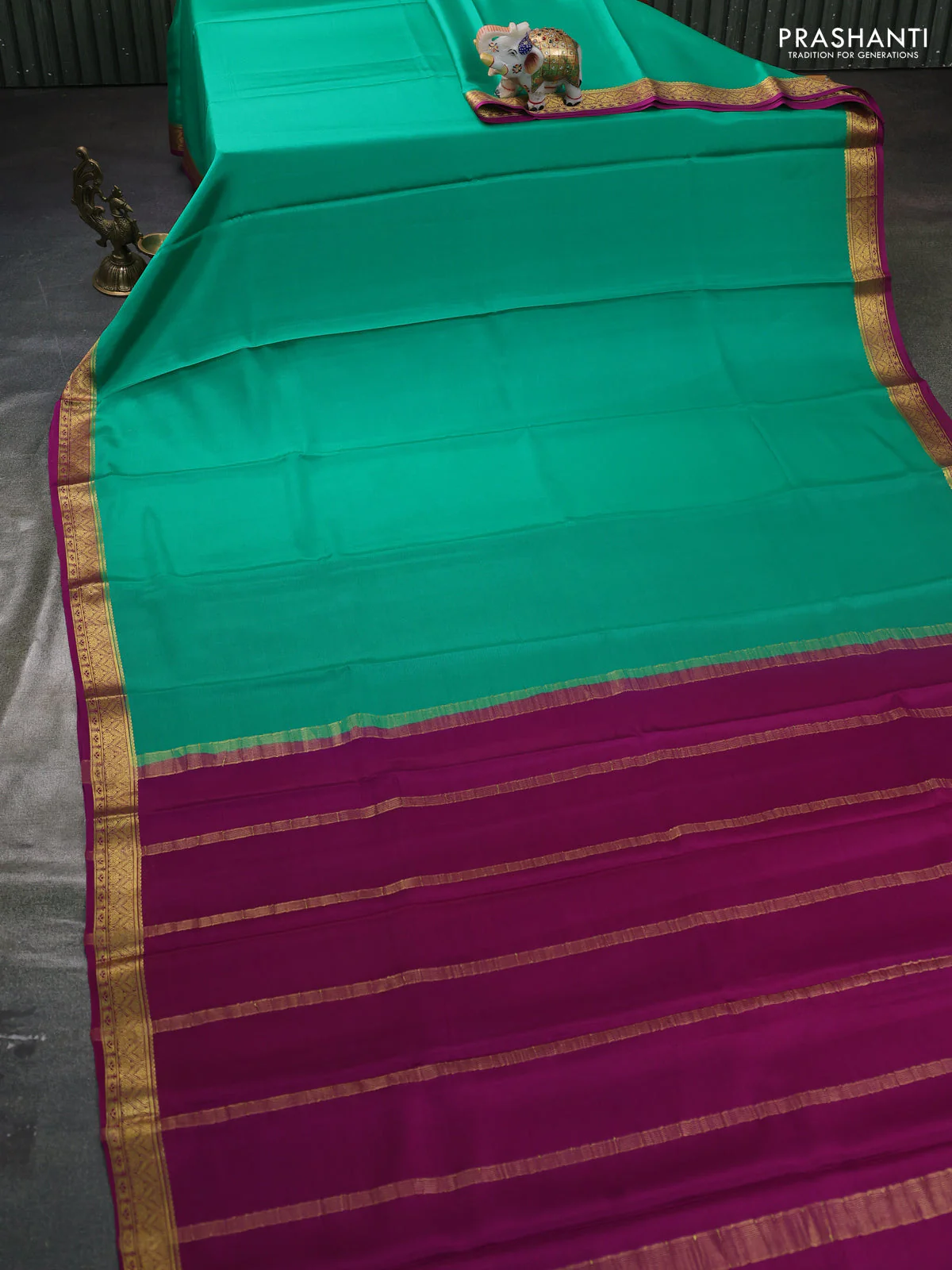 Pure mysore silk saree teal green and magenta pink with plain body and zari woven border - Image 2