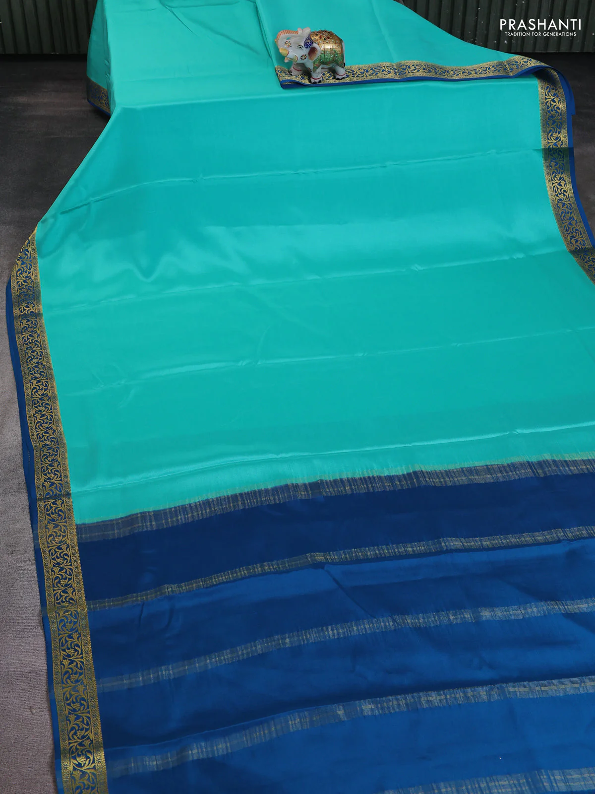 Pure mysore silk saree teal green and peacock blue with plain body and zari woven border - Image 2