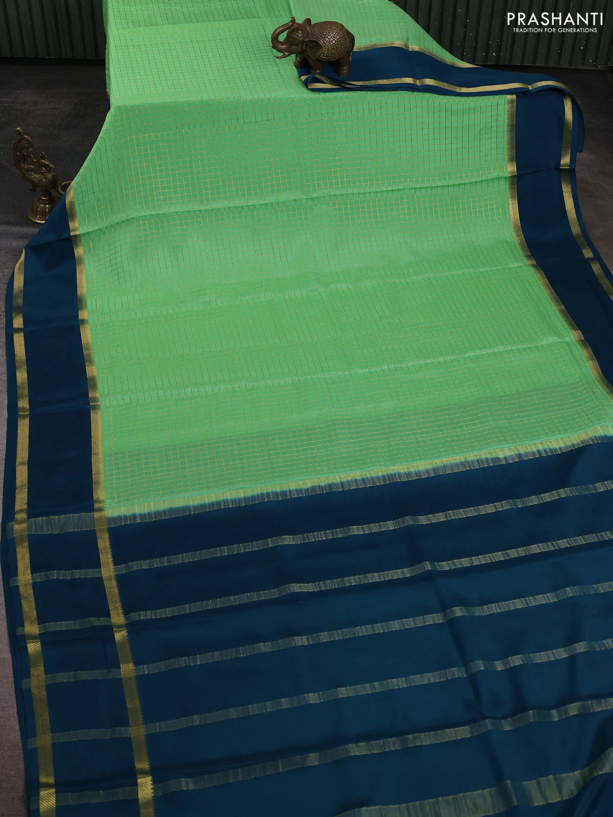 Pure mysore silk saree teal green and peacock green with allover zari checked pattern and rettapet zari woven border - Image 2