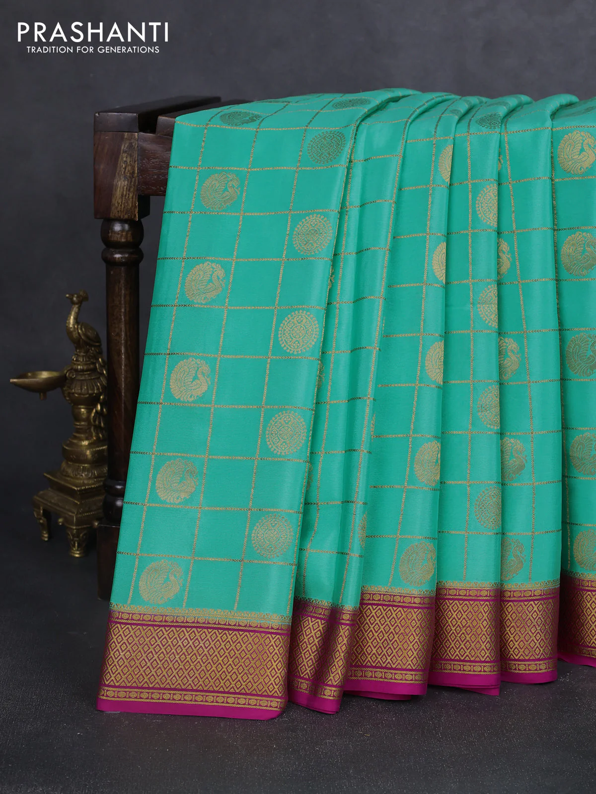 Pure mysore silk saree teal green and pink with allover zari checks & buttas and zari woven border