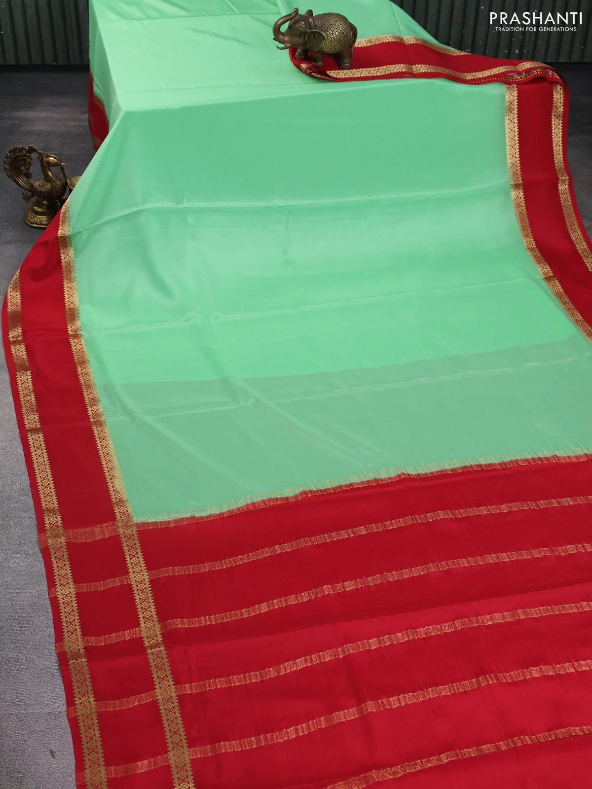 Pure mysore silk saree teal green and red with plain body and rettapet zari woven border - Image 2