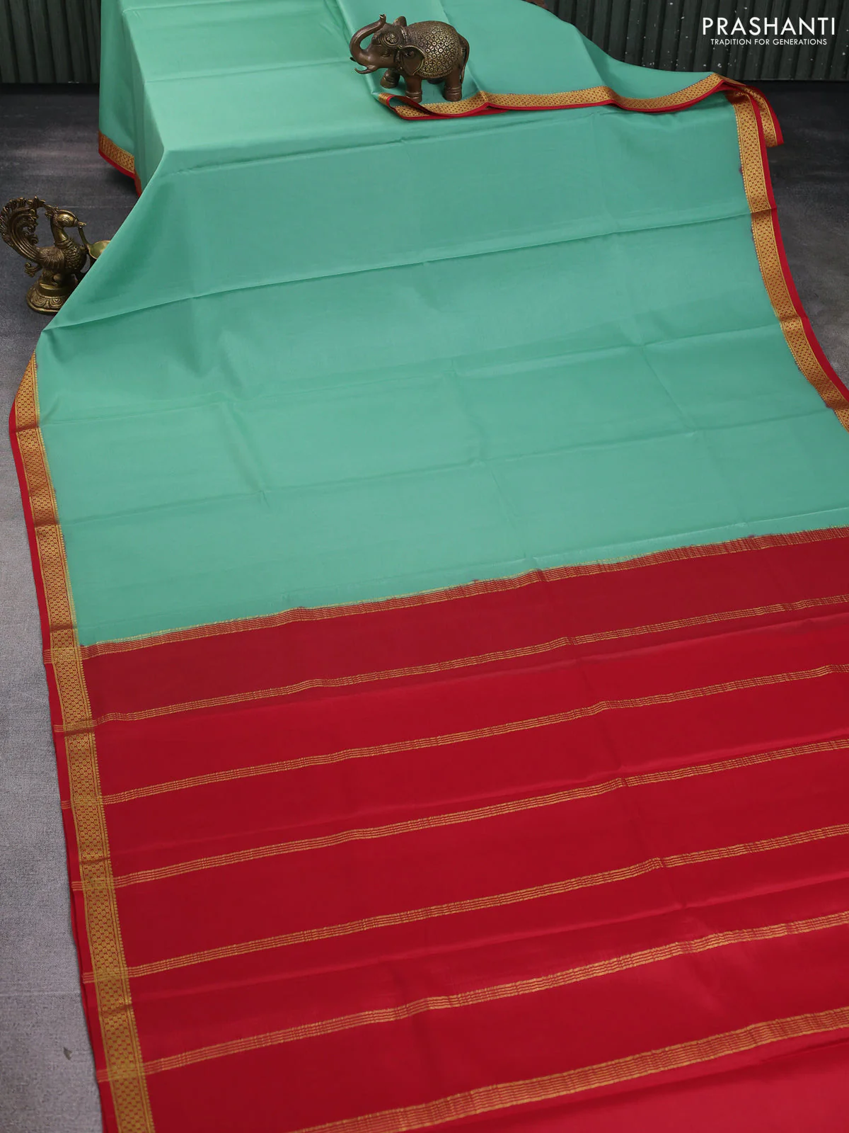 Pure mysore silk saree teal green and red with plain body and zari woven border - Image 2