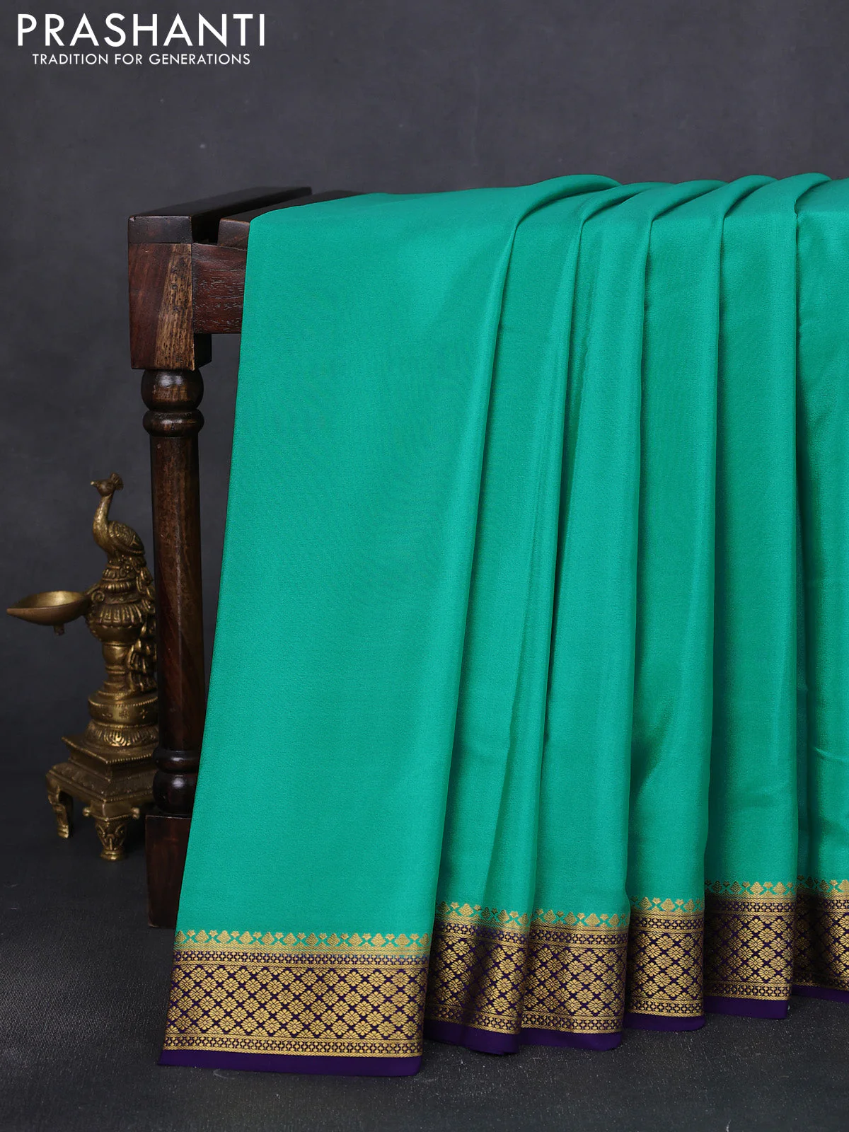 Pure mysore silk saree teal green and violet with plain body and zari woven border