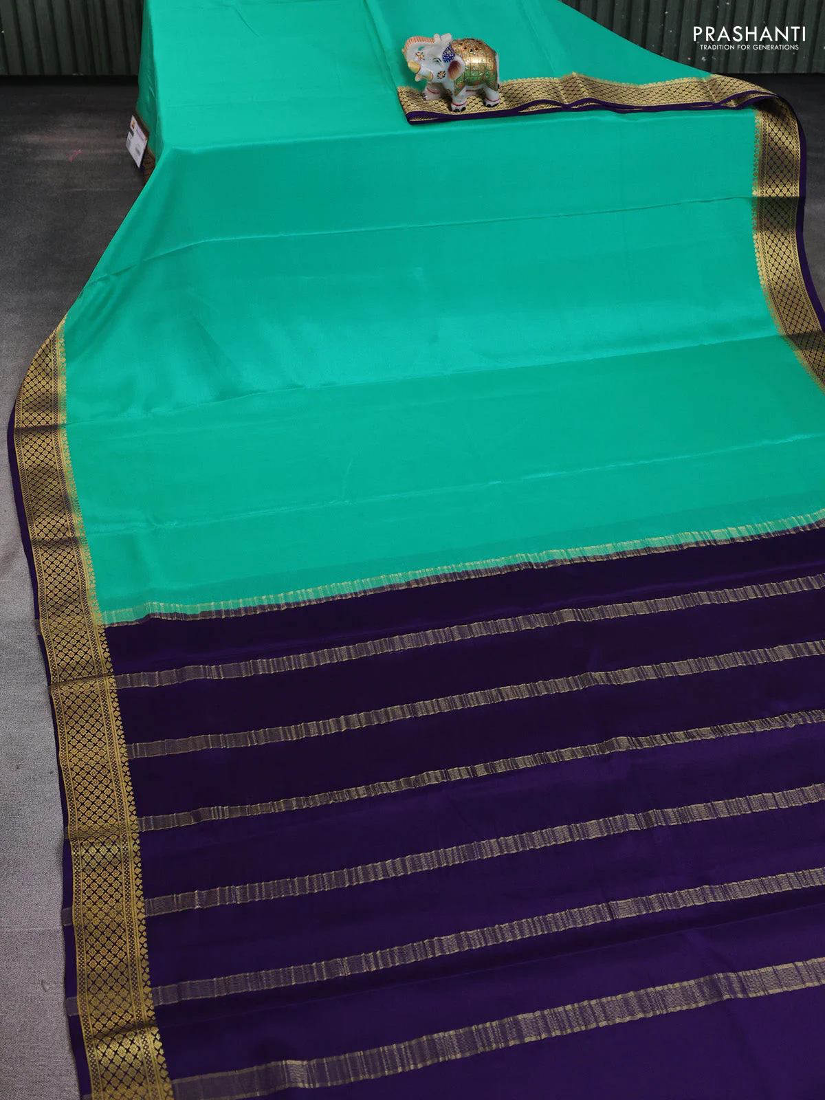 Pure mysore silk saree teal green and violet with plain body and zari woven border - Image 2