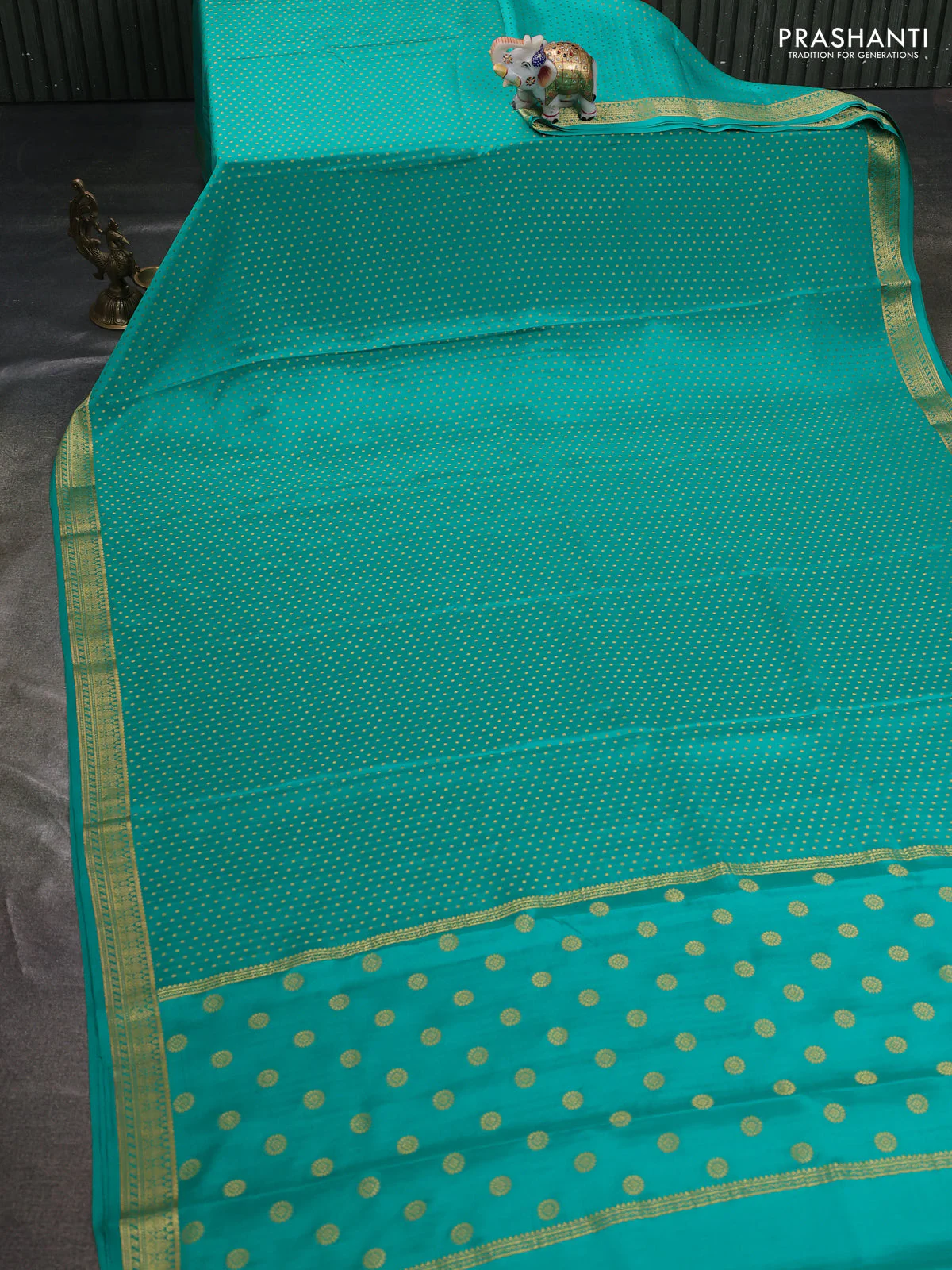 Pure mysore silk saree teal green with allover zari woven buttas and zari woven border - Image 2