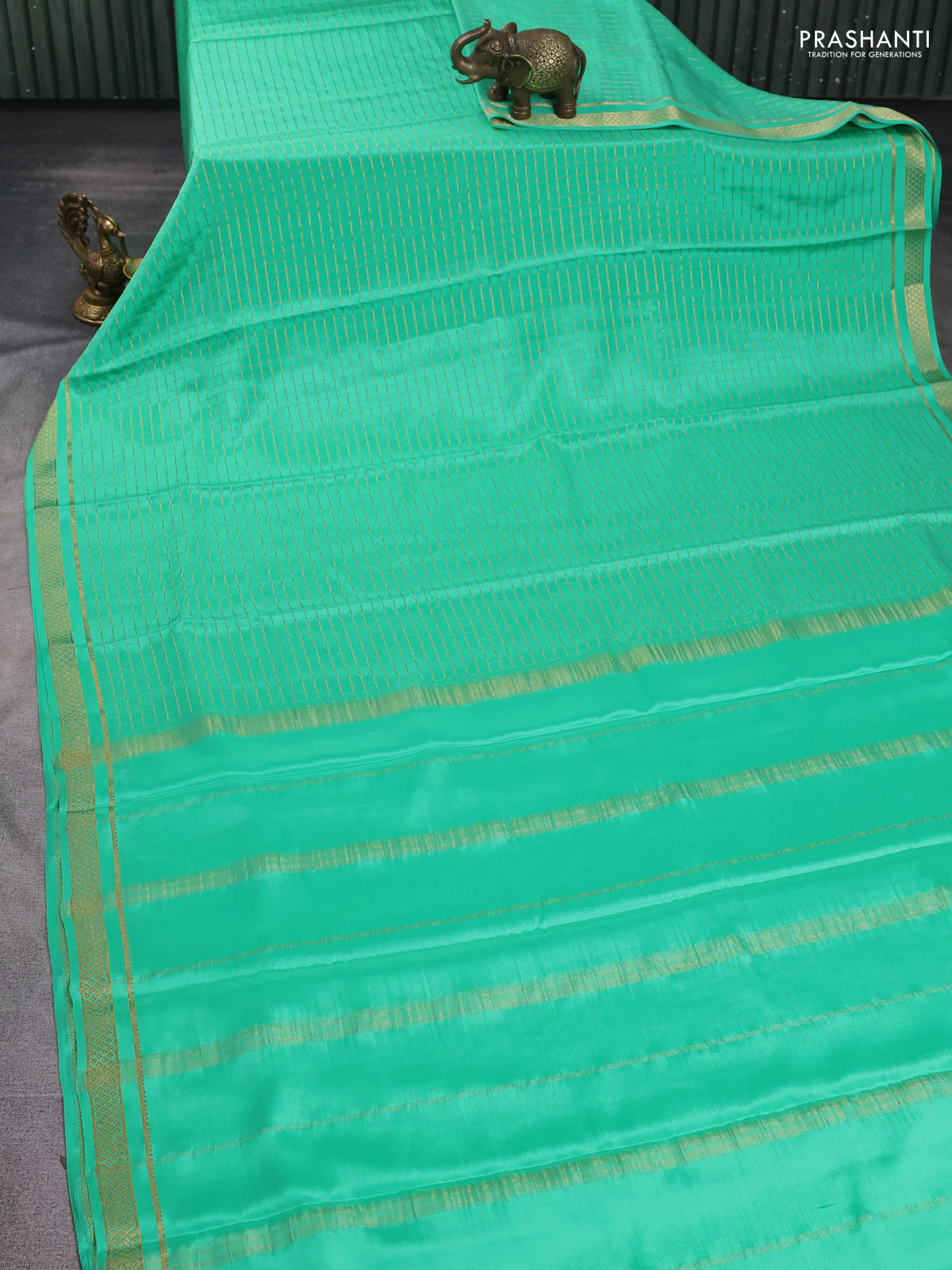 Pure mysore silk saree teal green with allover zari woven checked pattern and zari woven border - Image 2