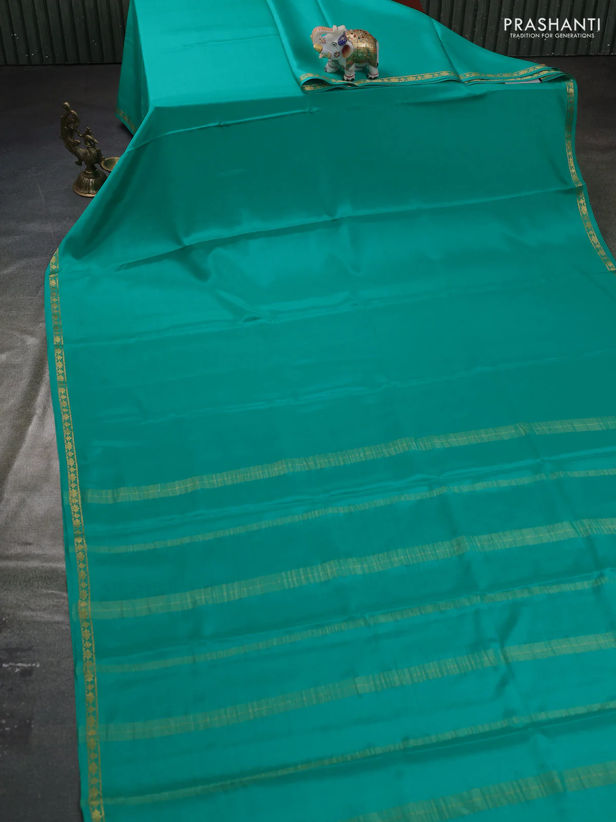 Pure mysore silk saree teal green with plain body and small zari woven border - Image 2