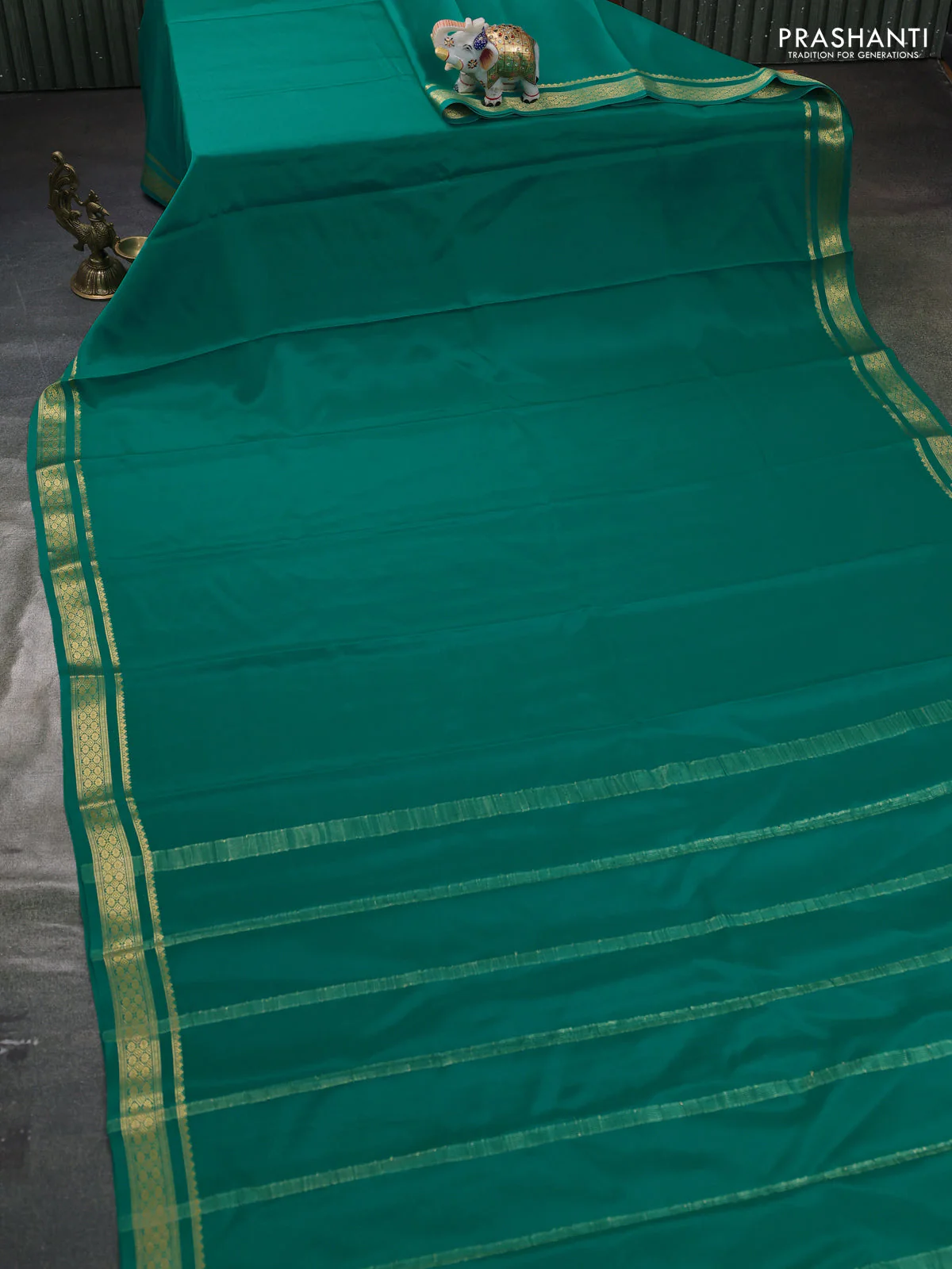 Pure mysore silk saree teal green with plain body and zari woven border - Image 2