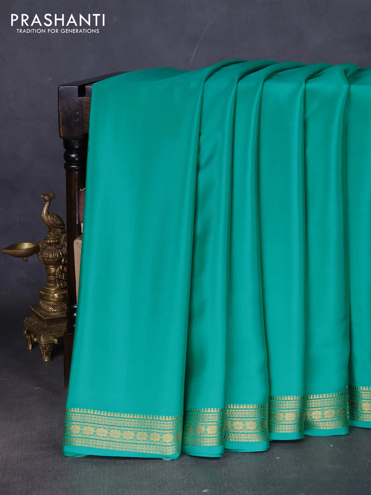 Pure mysore silk saree teal green with plain body and zari woven border