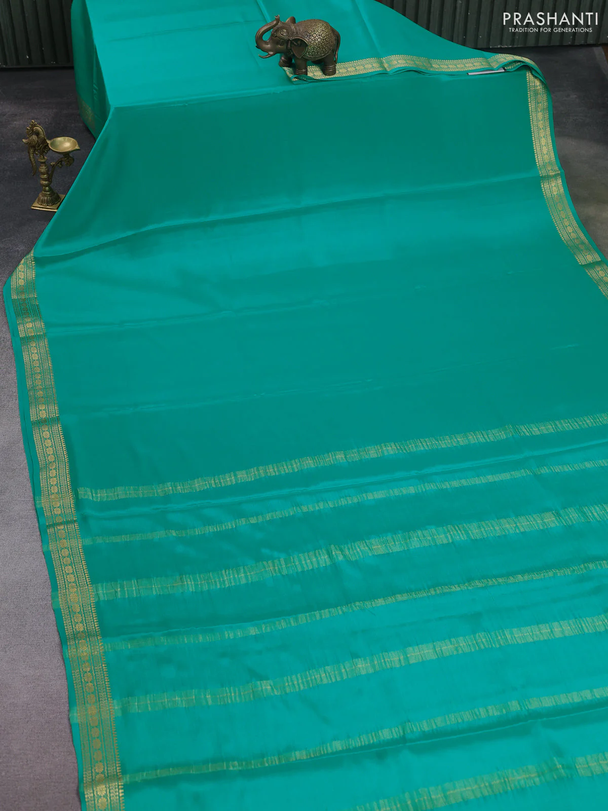 Pure mysore silk saree teal green with plain body and zari woven border - Image 2