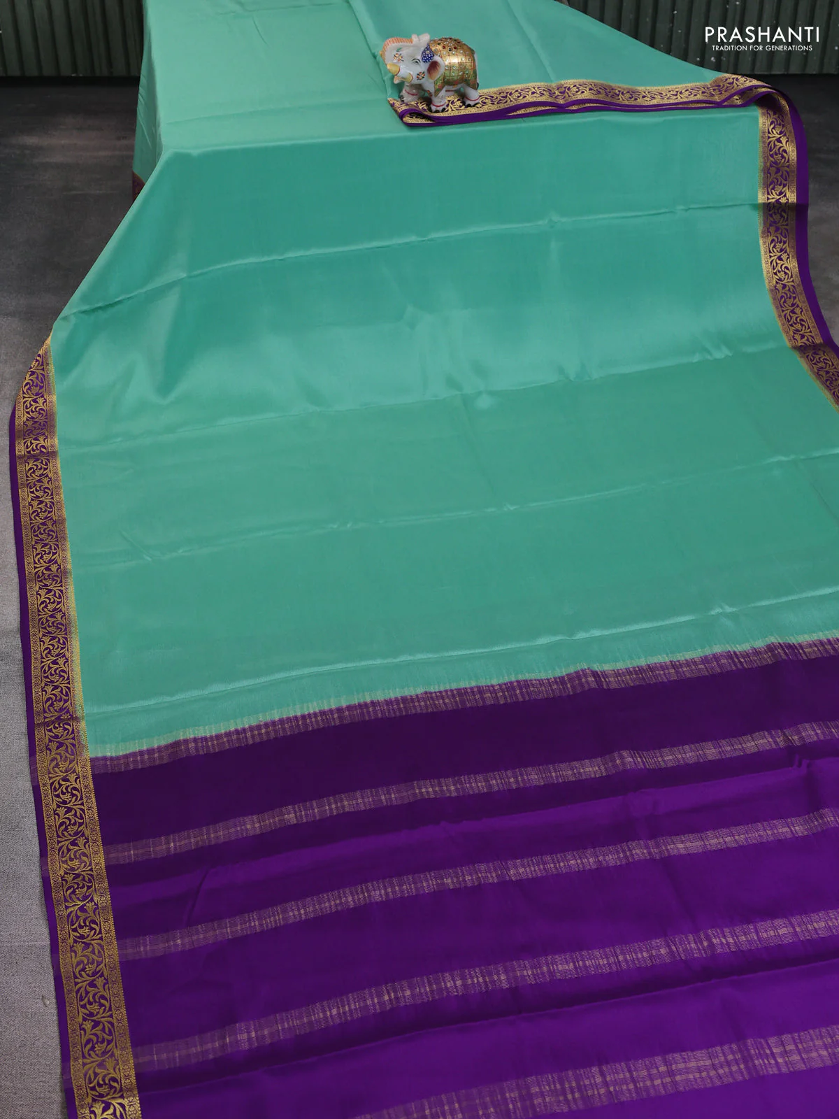 Pure mysore silk saree teal shade and violet with plain body and zari woven border - Image 2