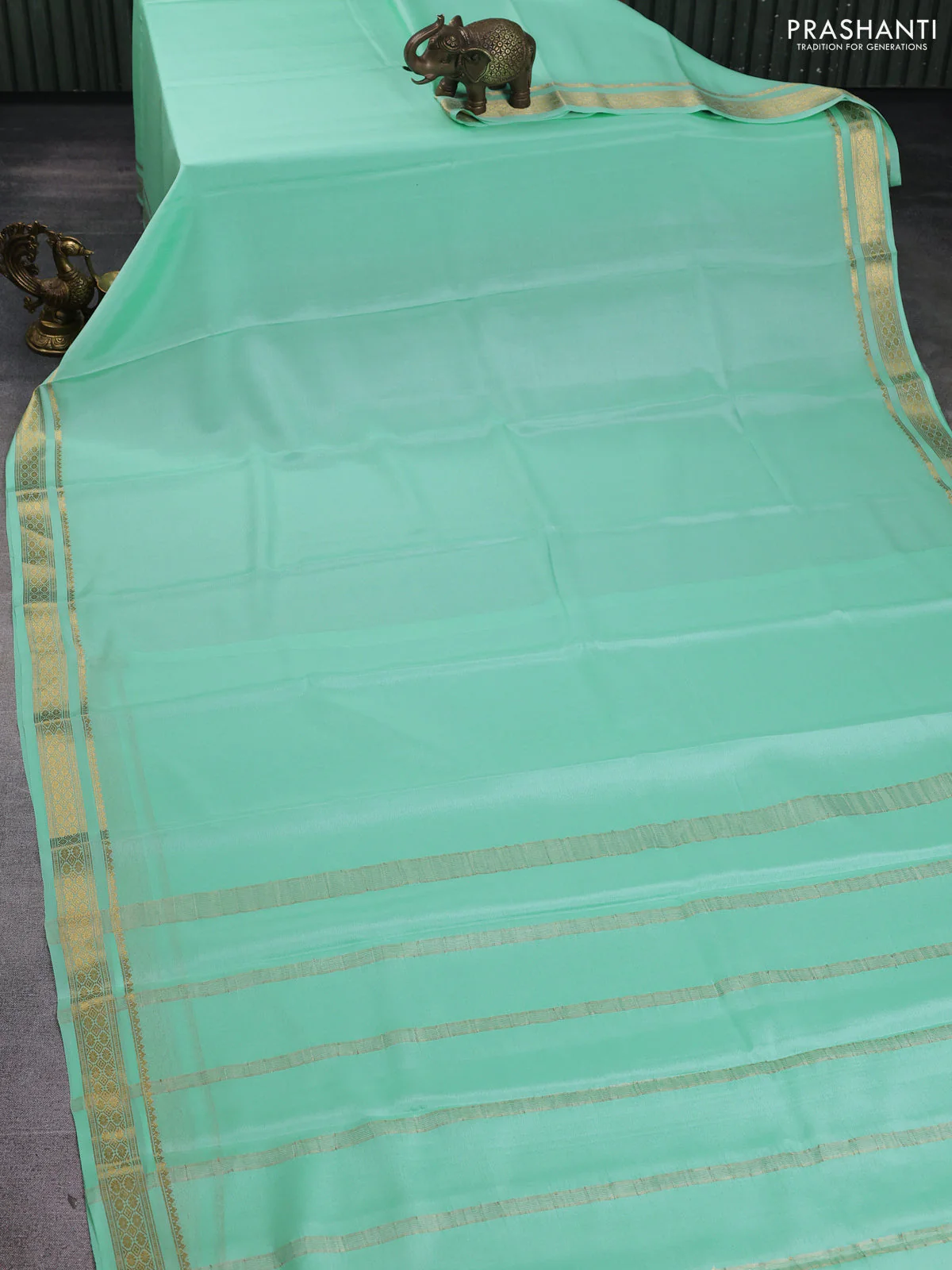 Pure mysore silk saree teal shade with plain body and zari woven border - Image 2