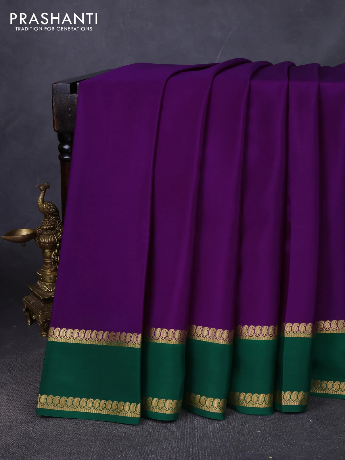 Pure mysore silk saree violet and green with plain body and rettapet zari woven border