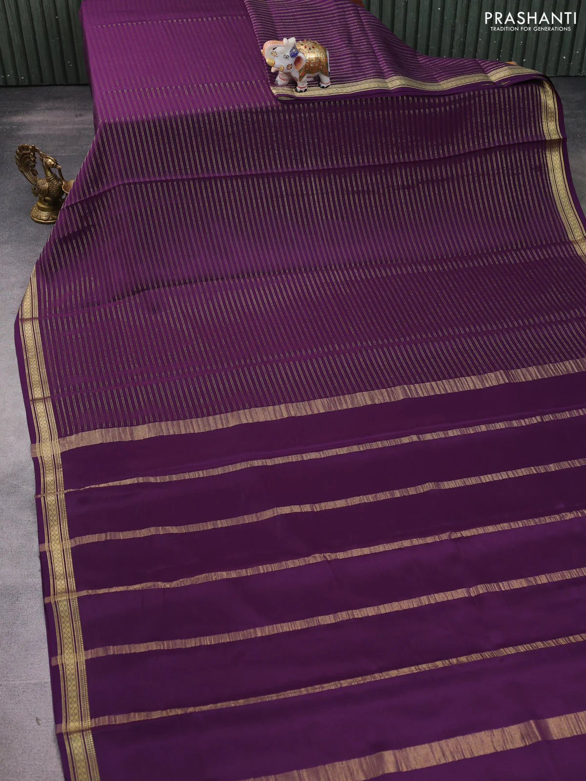 Pure mysore silk saree violet with allover zari weaves and zari woven border - Image 2