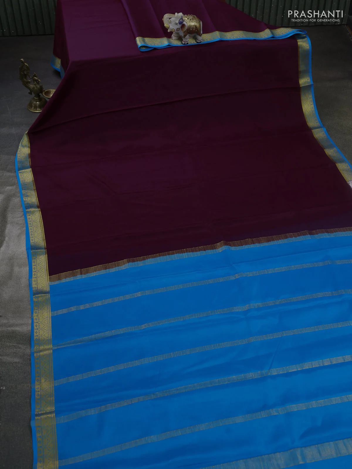 Pure mysore silk saree wine shade and cs blue with plain body and zari woven border - Image 2