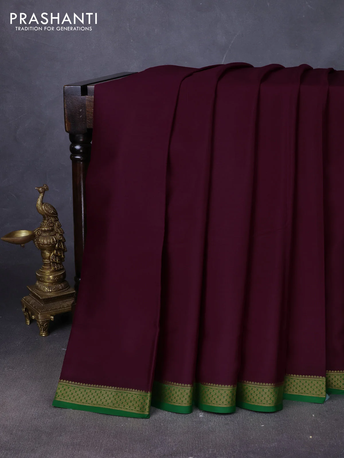 Pure mysore silk saree wine shade and green with plain body and zari woven border