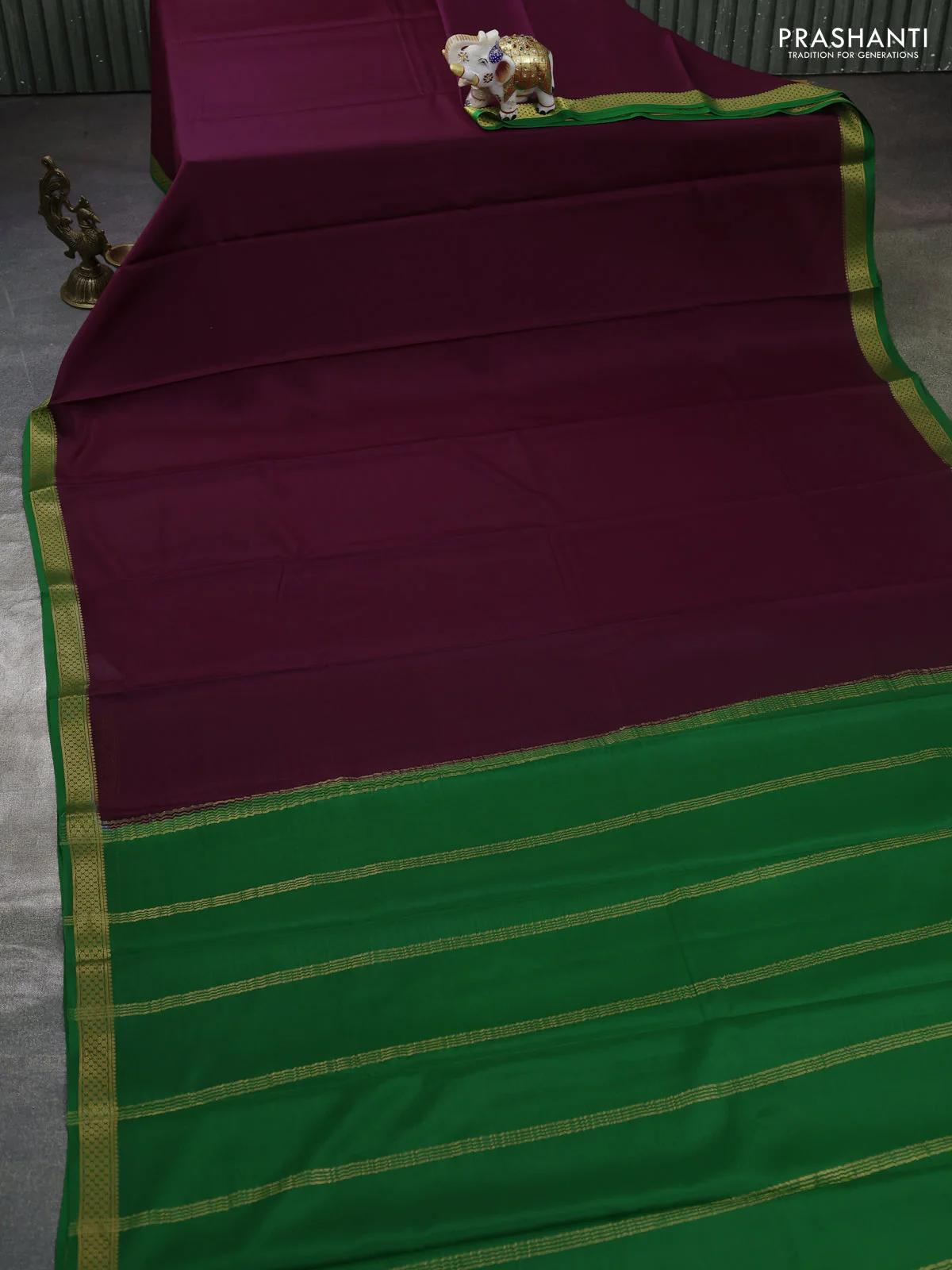 Pure mysore silk saree wine shade and green with plain body and zari woven border - Image 2