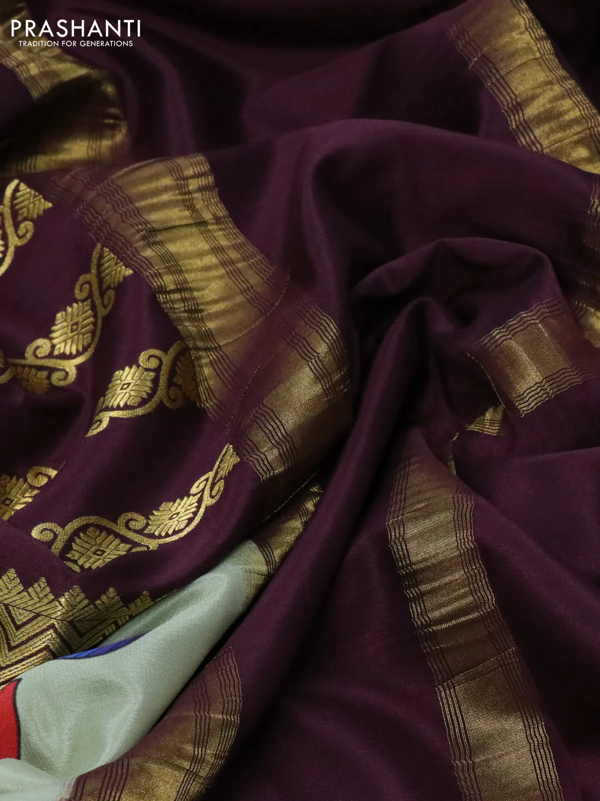 Pure mysore silk saree wine shade and pista green with zari weaves and long kalamkari printed zari border - Image 3