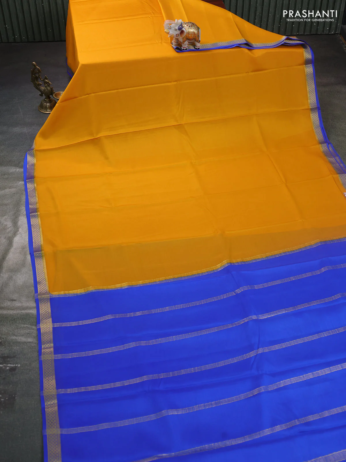 Pure mysore silk saree yellow and blue with plain body and zari woven border - Image 2