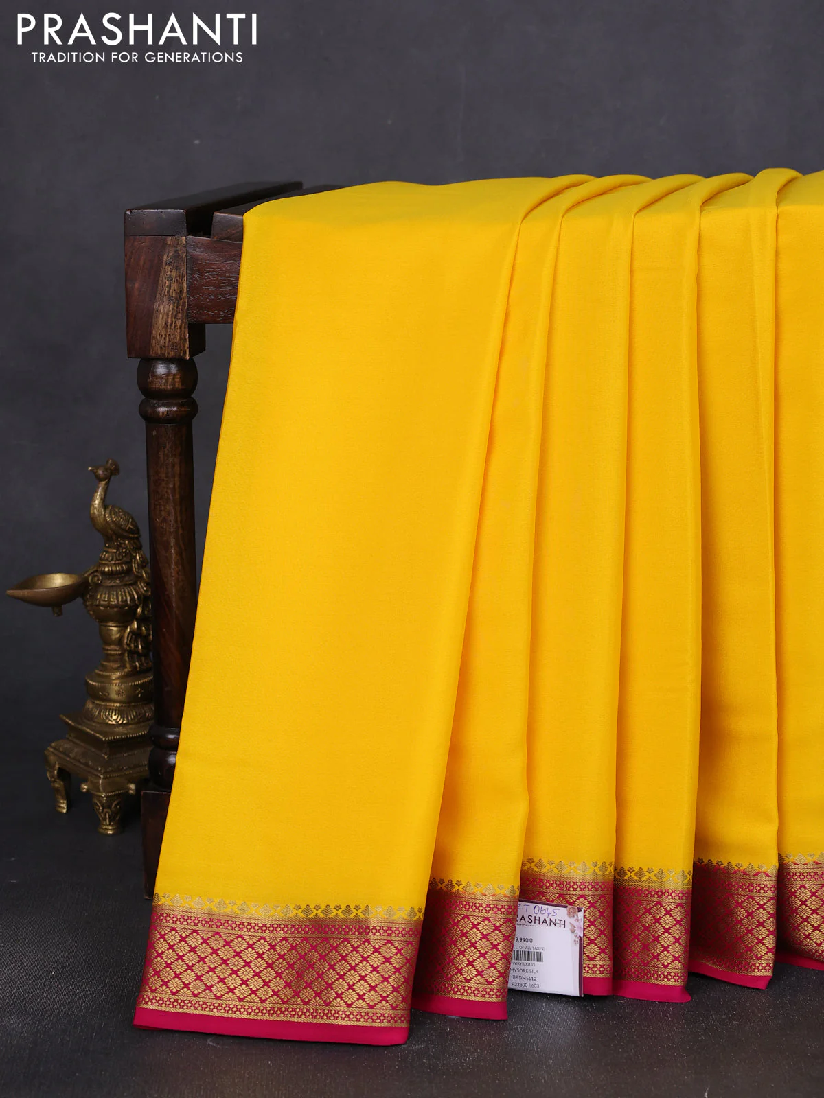 Pure mysore silk saree yellow and pink with plain body and zari woven border