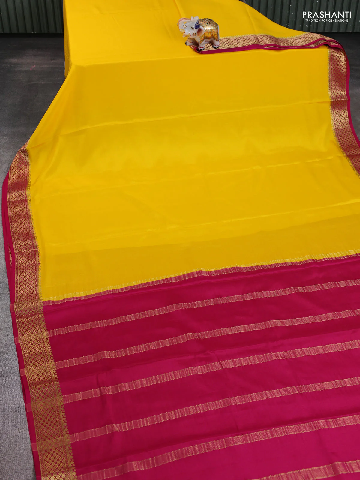Pure mysore silk saree yellow and pink with plain body and zari woven border - Image 2