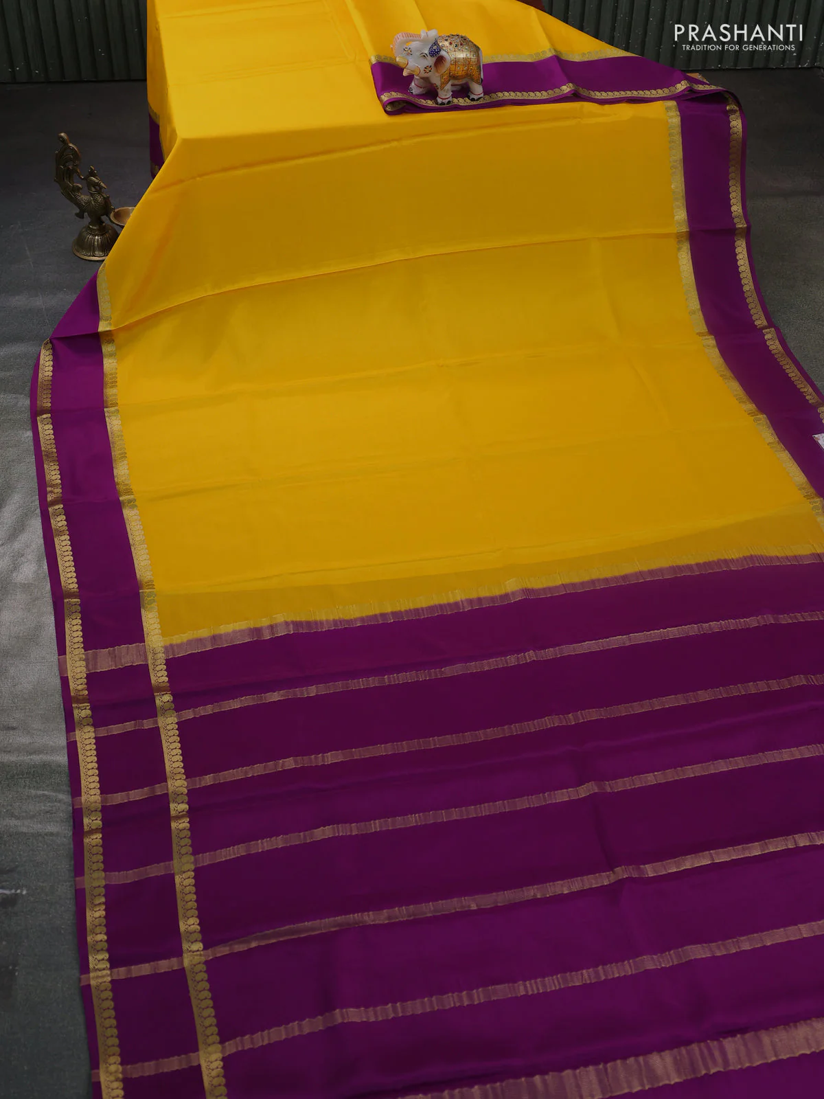 Pure mysore silk saree yellow and purple with plain body and rettapet zari woven border - Image 2