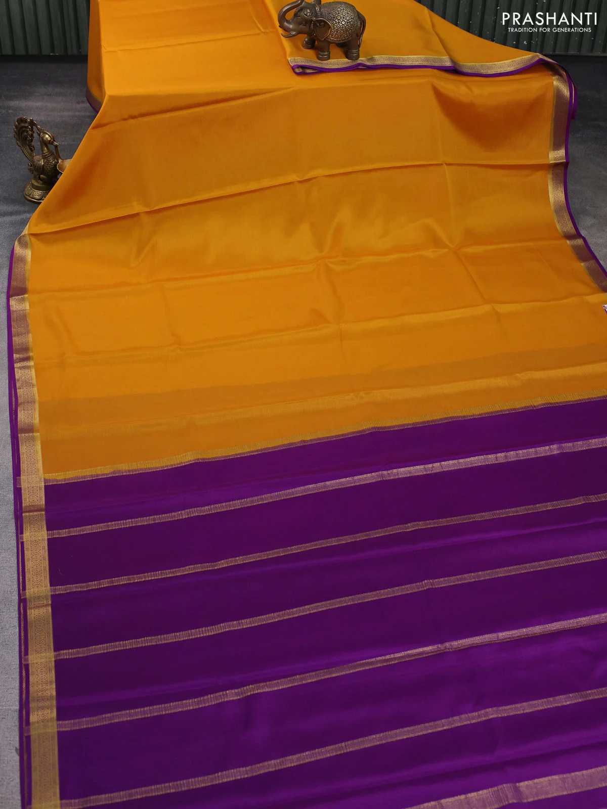 Pure mysore silk saree yellow and purple with plain body and zari woven border - Image 2