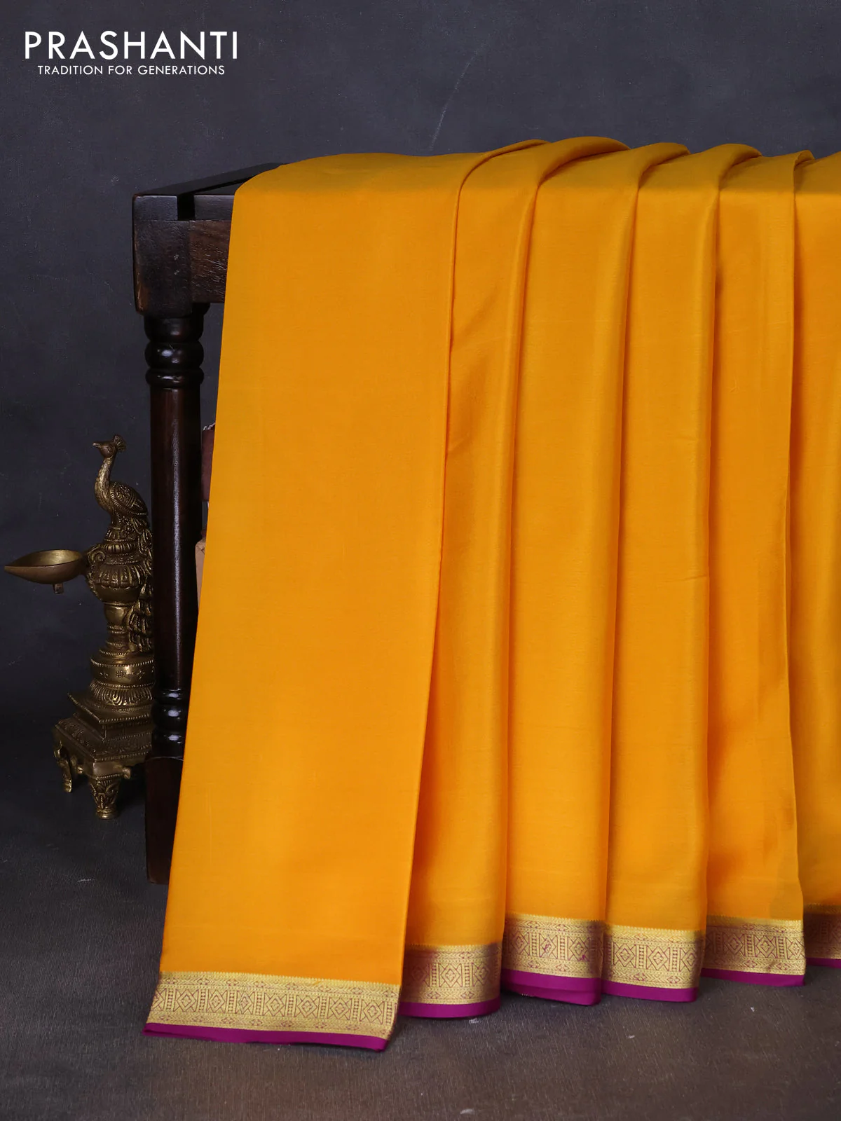 Pure mysore silk saree yellow and purple with plain body and zari woven border