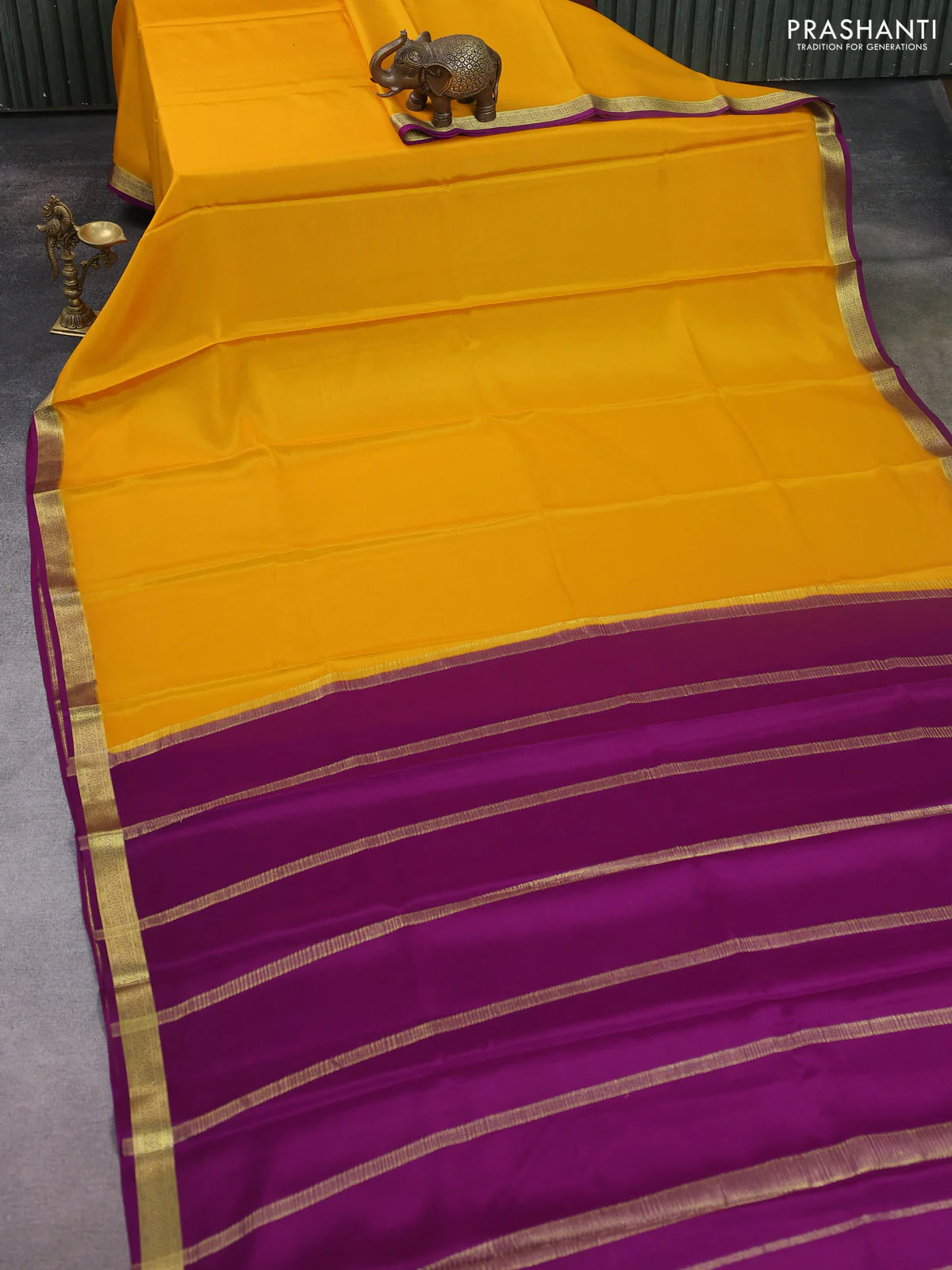 Pure mysore silk saree yellow and purple with plain body and zari woven border - Image 2